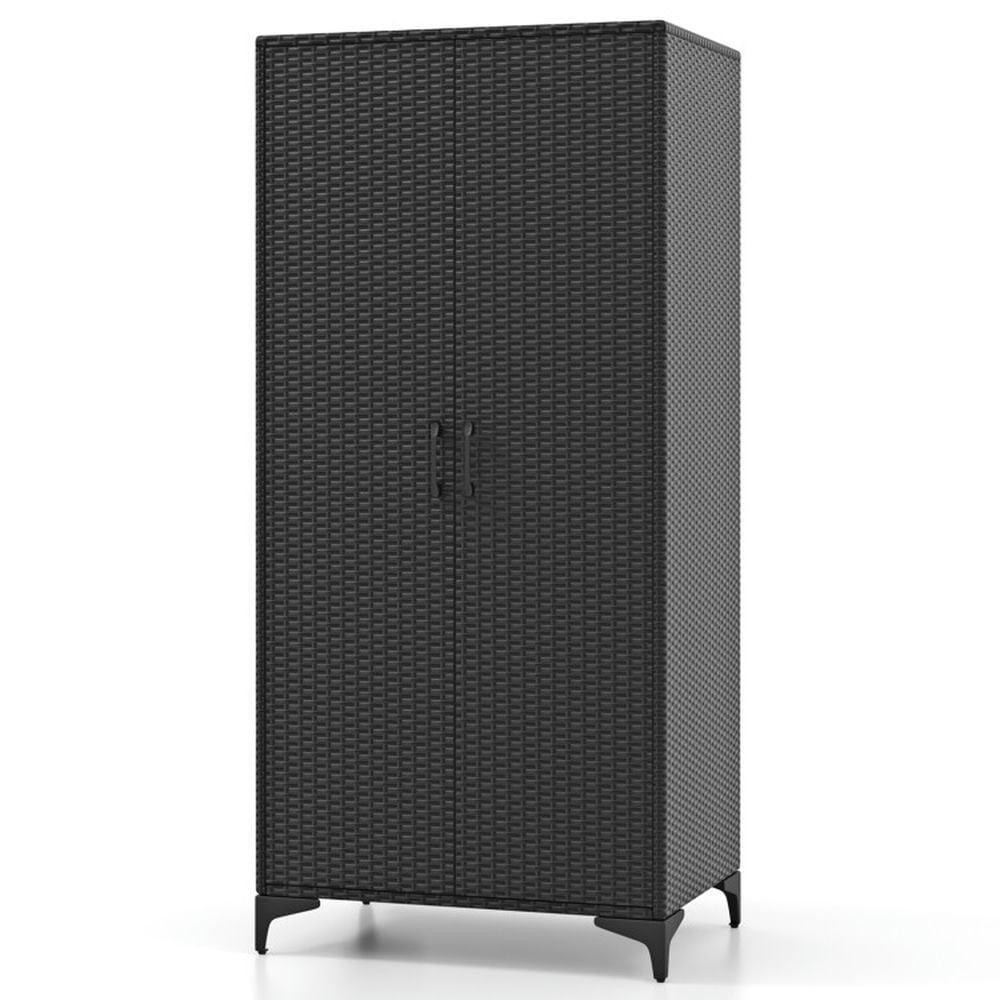 Canddidliike 62 Inch Wicker Wardrobe with 2 Doors PE Rattan Closet with Hanging Rod-Black, Storage Organizer for Bedroom, Non-Woven Fabric Cover