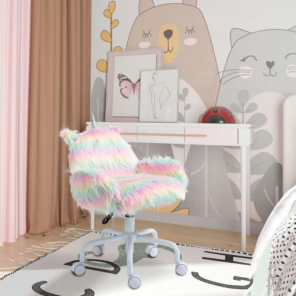 Canddidliike Fluffy Unicorn Office Chair, Desk Chair with Mid-Back and Armrest Support, Desk Chair with 5 Star Swivel Wheel White Base, Multicolored