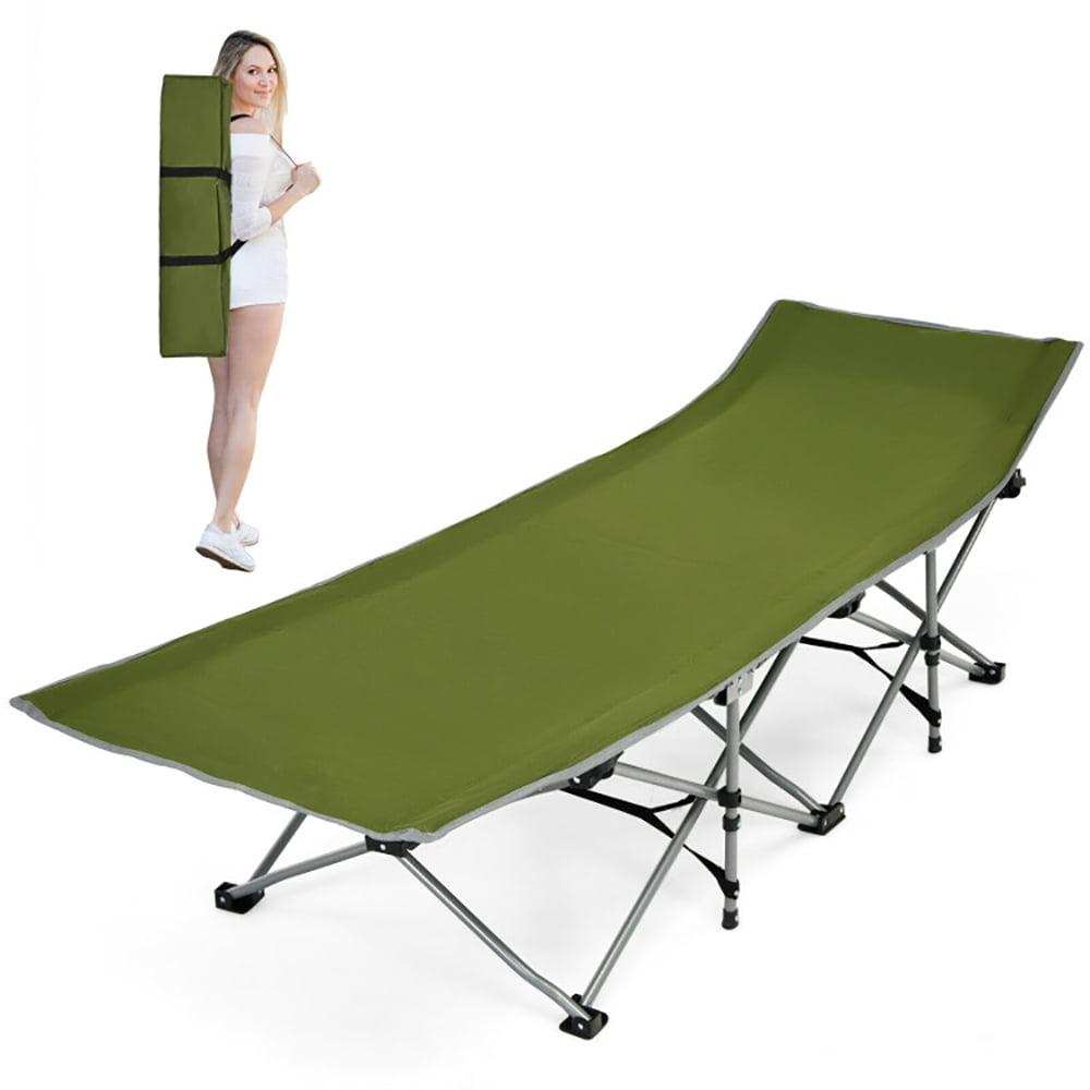 Green Folding Camping Cot with Side Pocket and Headrest