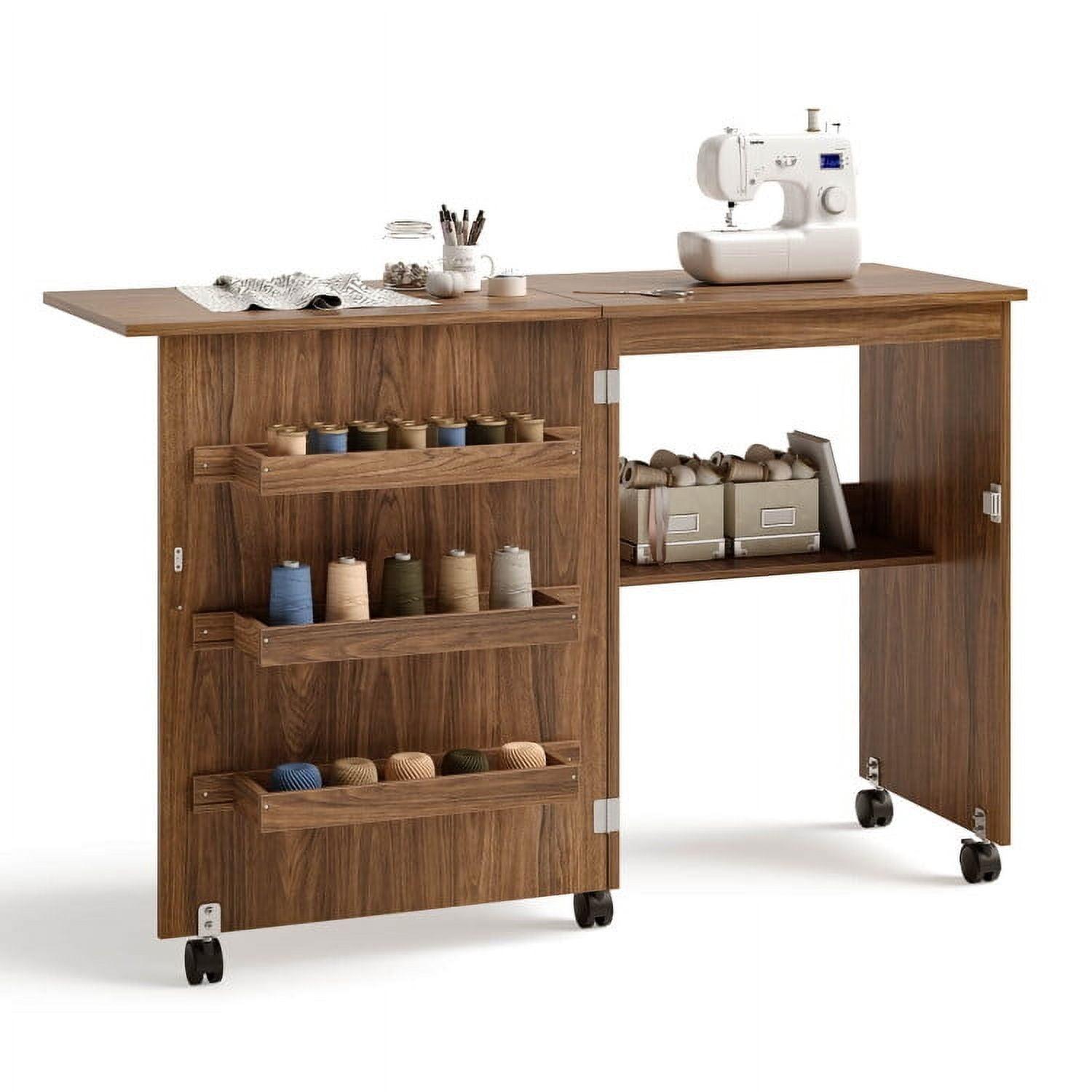 Costway Folding Sewing Craft Table Shelf Storage Cabinet Home Furniture W/Wheels Brown