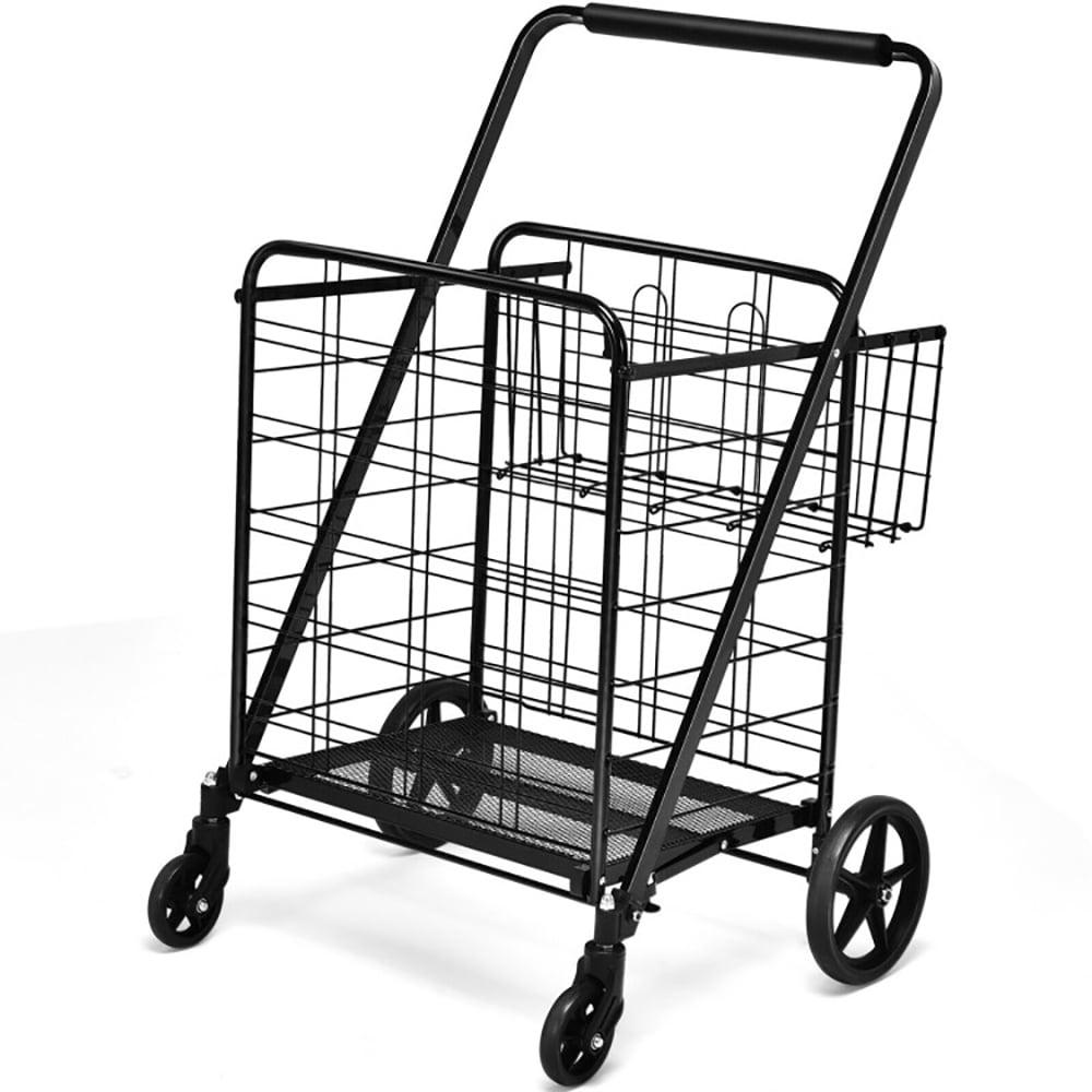 Black Steel Folding Double Basket Shopping Cart with Wheels