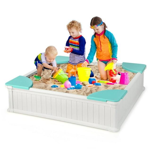 Spaco Kids Outdoor Sandbox with Oxford Cover and 4 Corner Seats, Backyard Sandbox, Kids Sand Activity Sensory Play Pit, Toddler Summer Outdoor Toys, 1+ Years Old