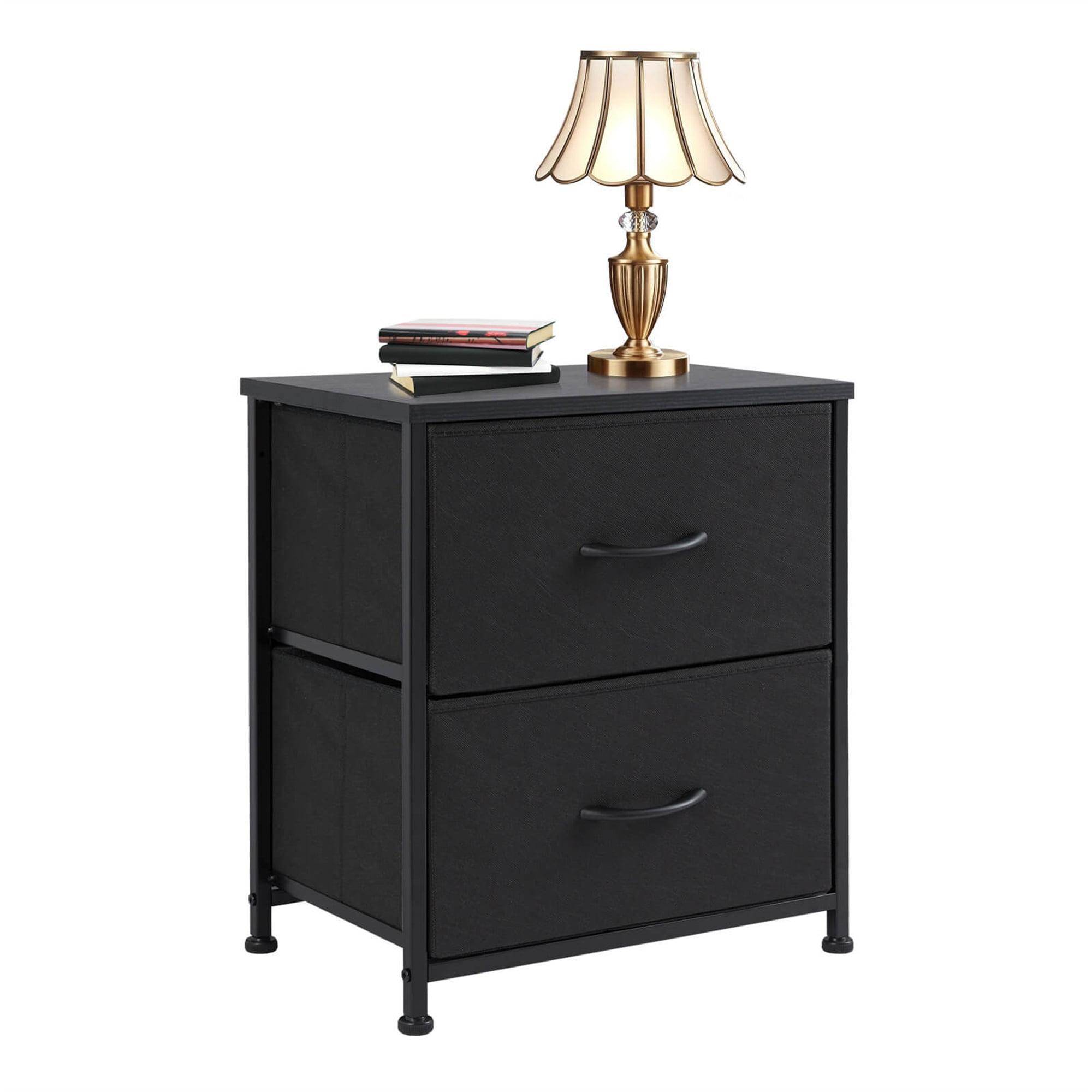 Black Steel Frame Nightstand with Fabric Drawers