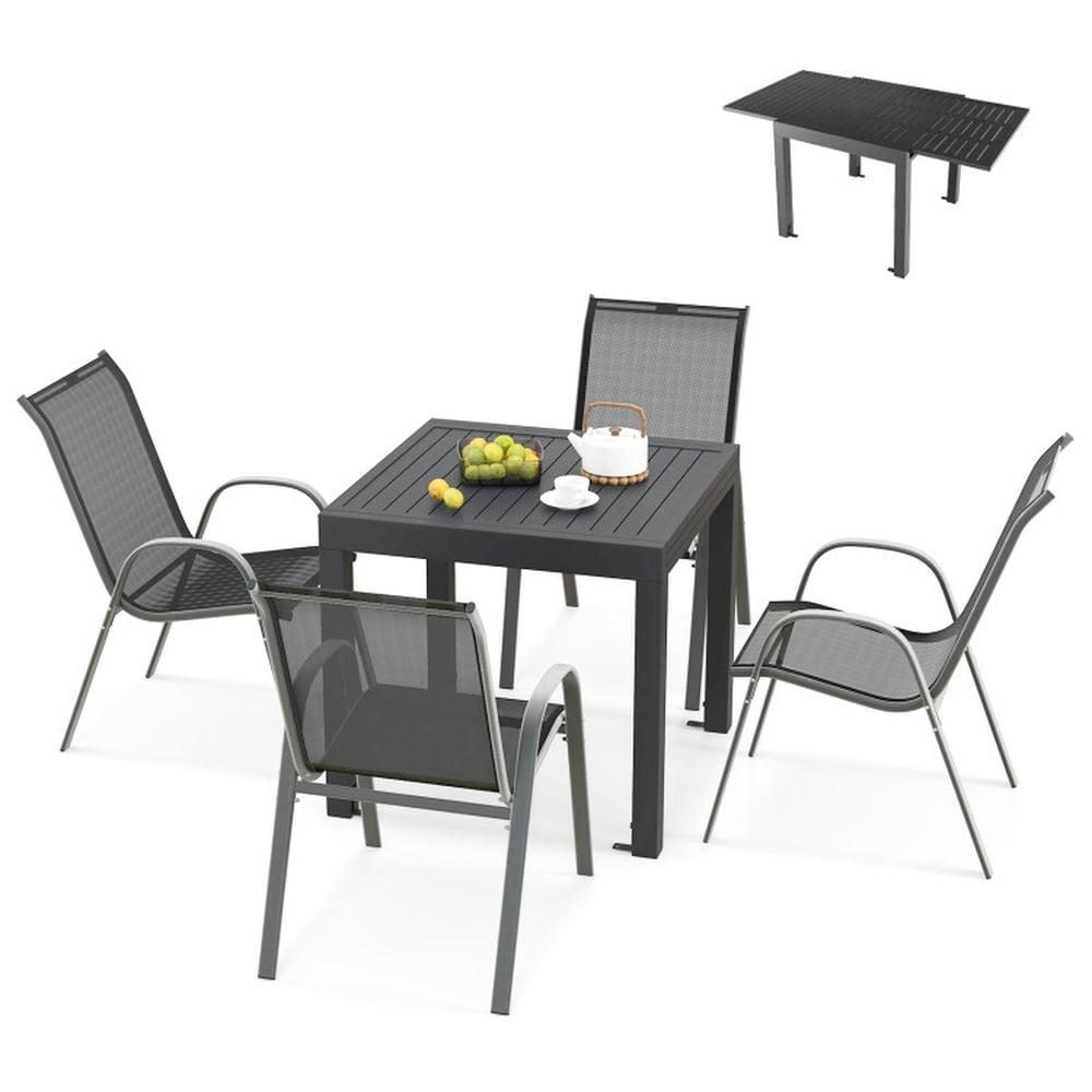 Yardi Yard Outdoor Dining Table Set with Sturdy Metal Frame, Table with Adjustable Footpads and 4 Chairs with Curved Armrests, Dining Table Set for Outdoor as Garden, Patio, Gray