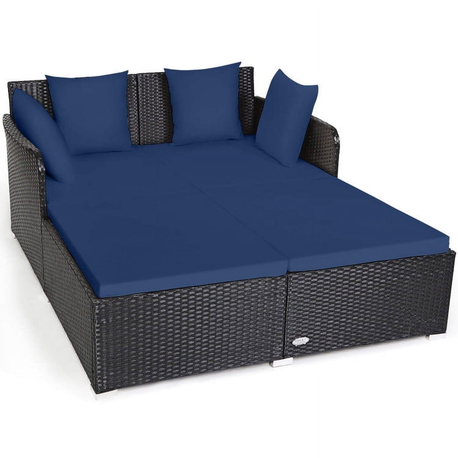 Costway Outdoor Patio Rattan Daybed Pillows Cushioned Sofa Furniture Navy