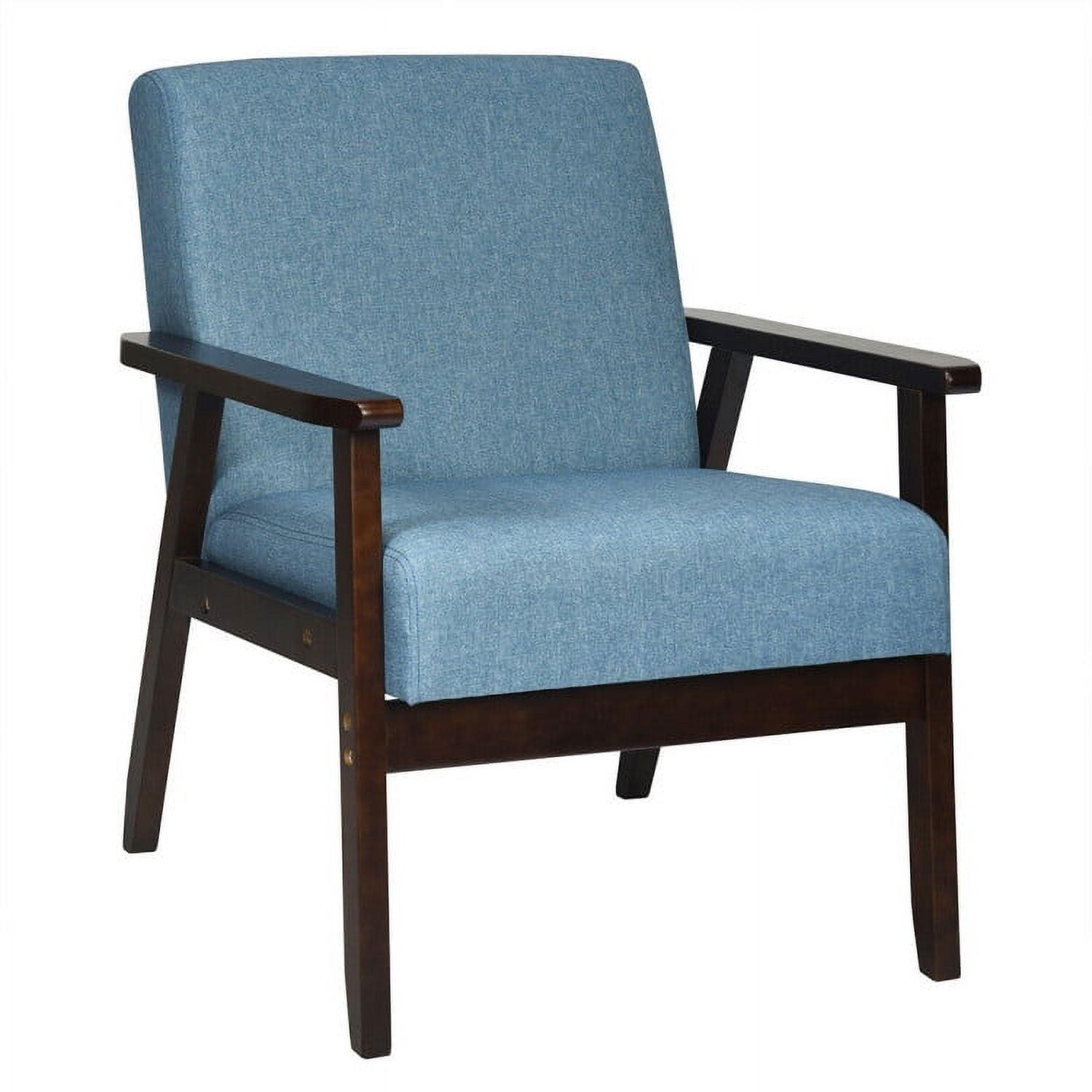 Blue Linen and Rubber Wood Mid-Century Modern Accent Chair