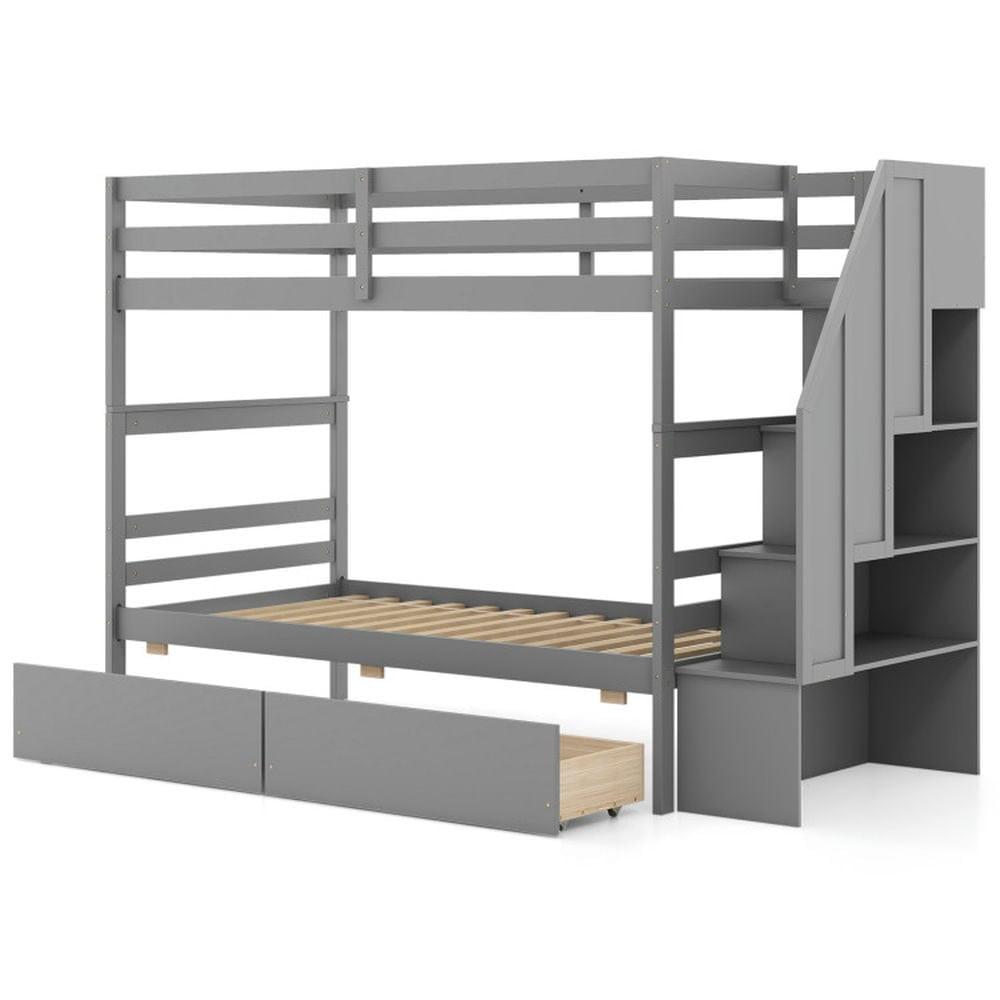 Yardi Yarda Twin Over Twin Bunk Bed with Storage Stairs and Drawers, Bunk Bed Frame for Indoor, Gray