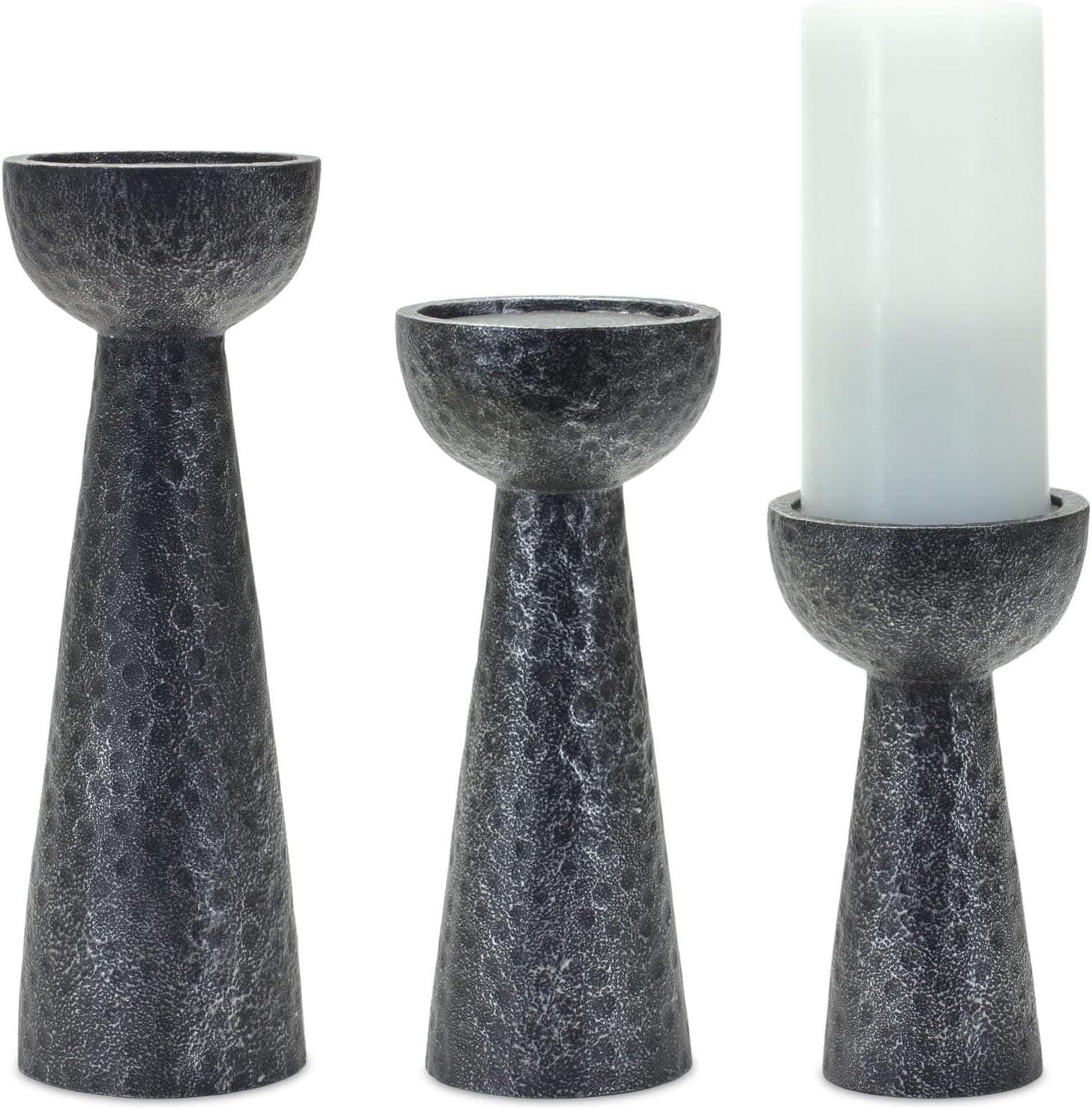 Black Hammered Design Polyresin Candle Holders Set of 3