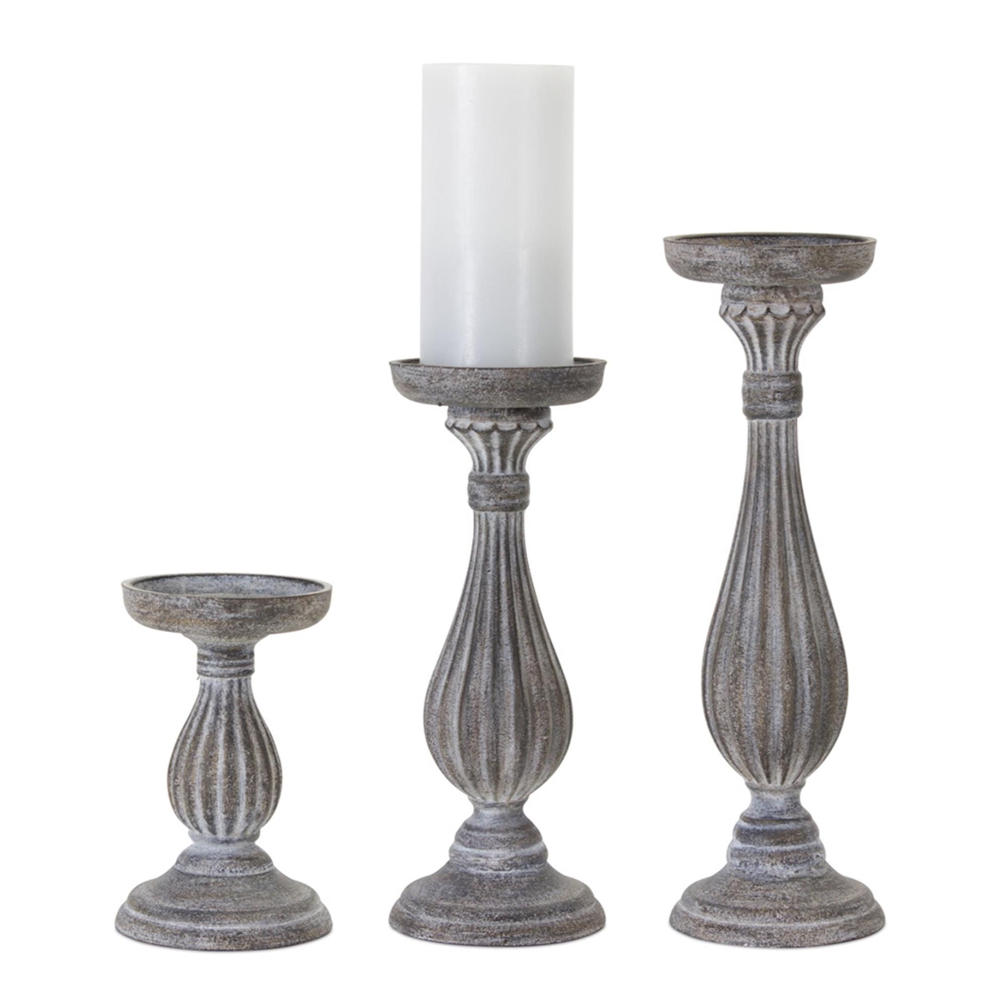 Traditional Wood & Resin Candle Holder Trio with White-Washed Finish