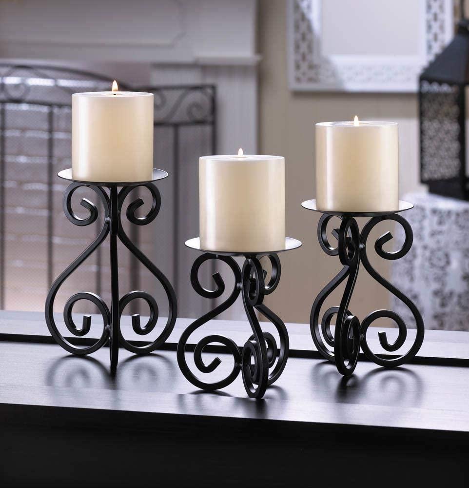 Elegant Scrollwork Black Iron Candle Stand Trio Set