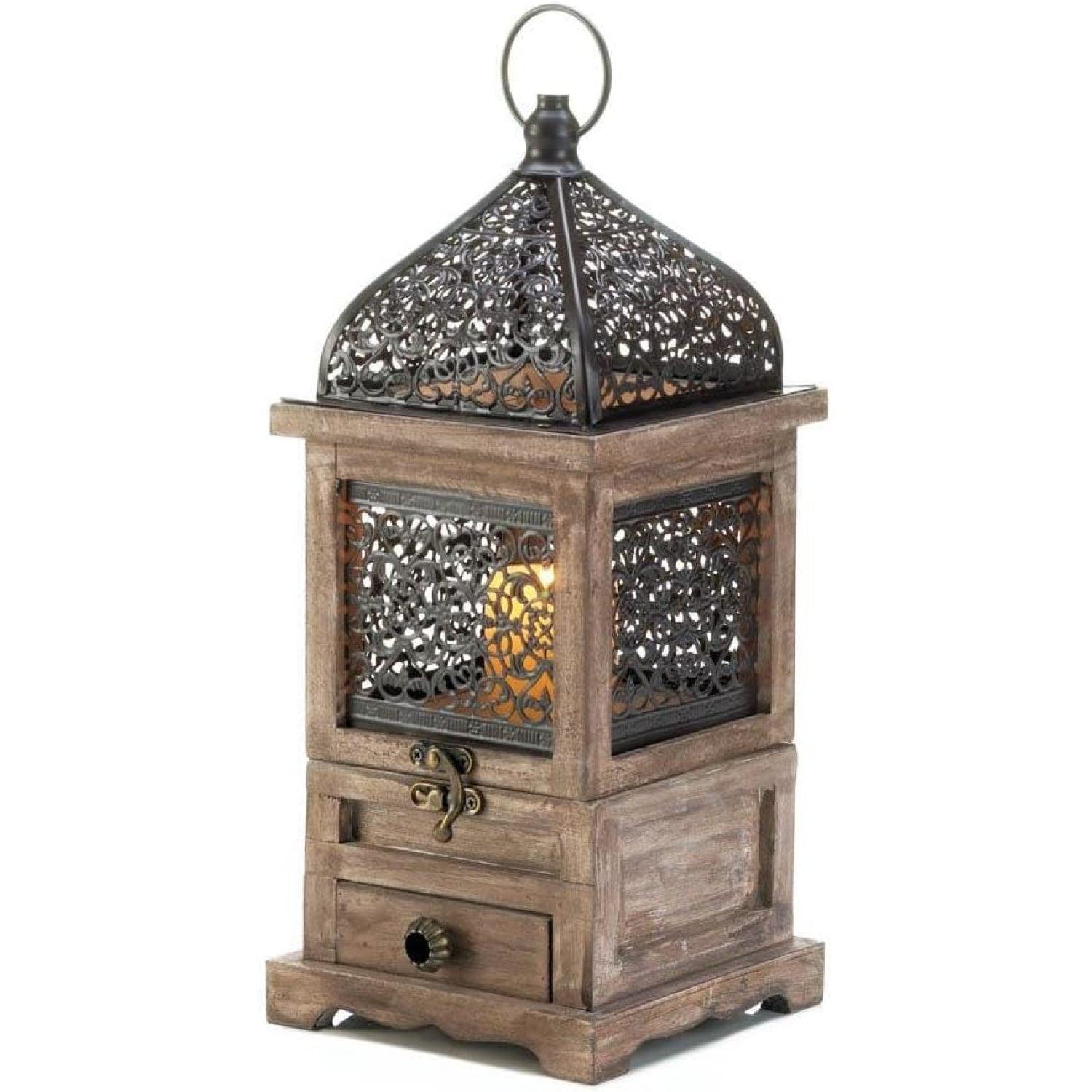 Rustic Pine Wood & Iron Hanging Candle Lantern, 15"