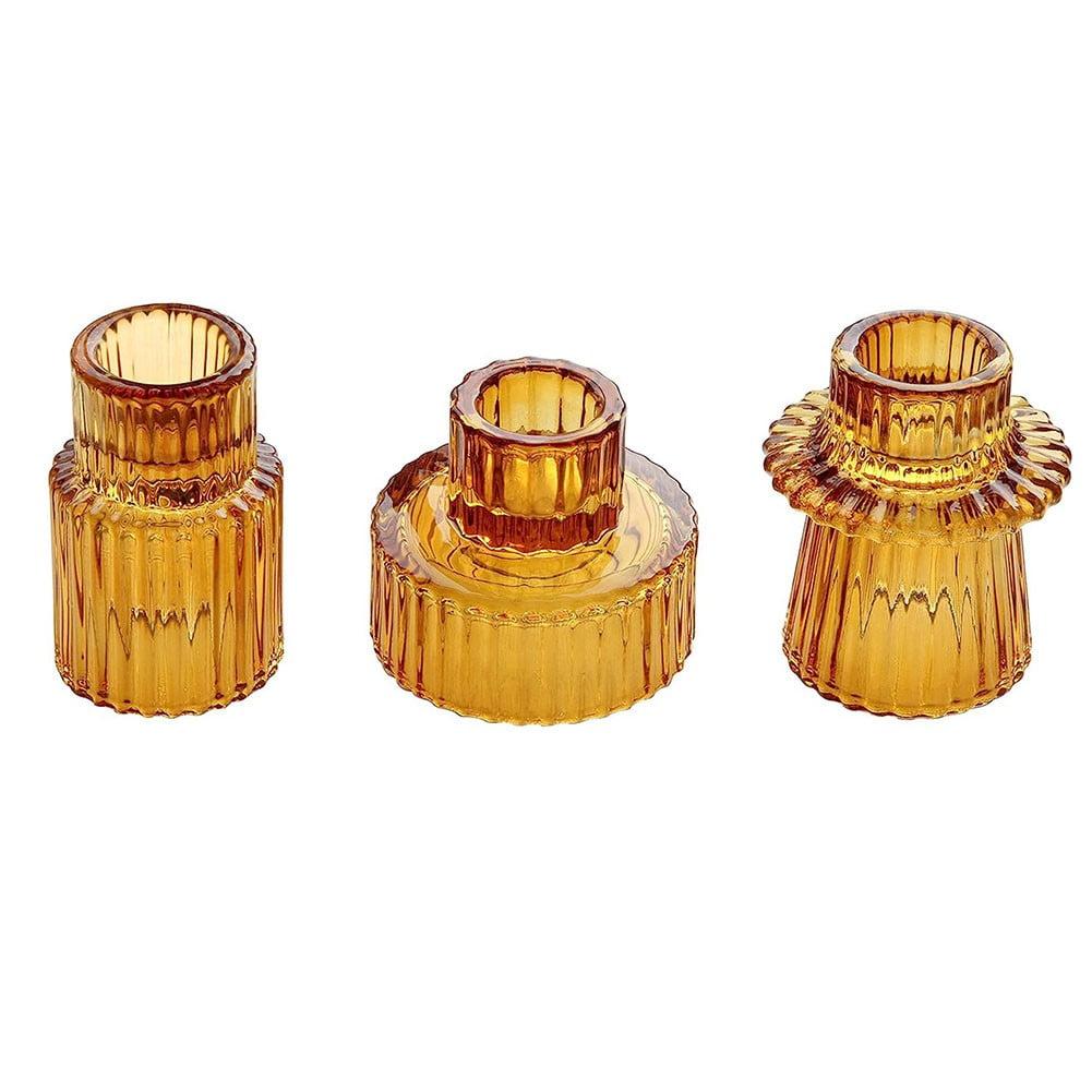 Amber Glass Taper and Tealight Candle Holder Set