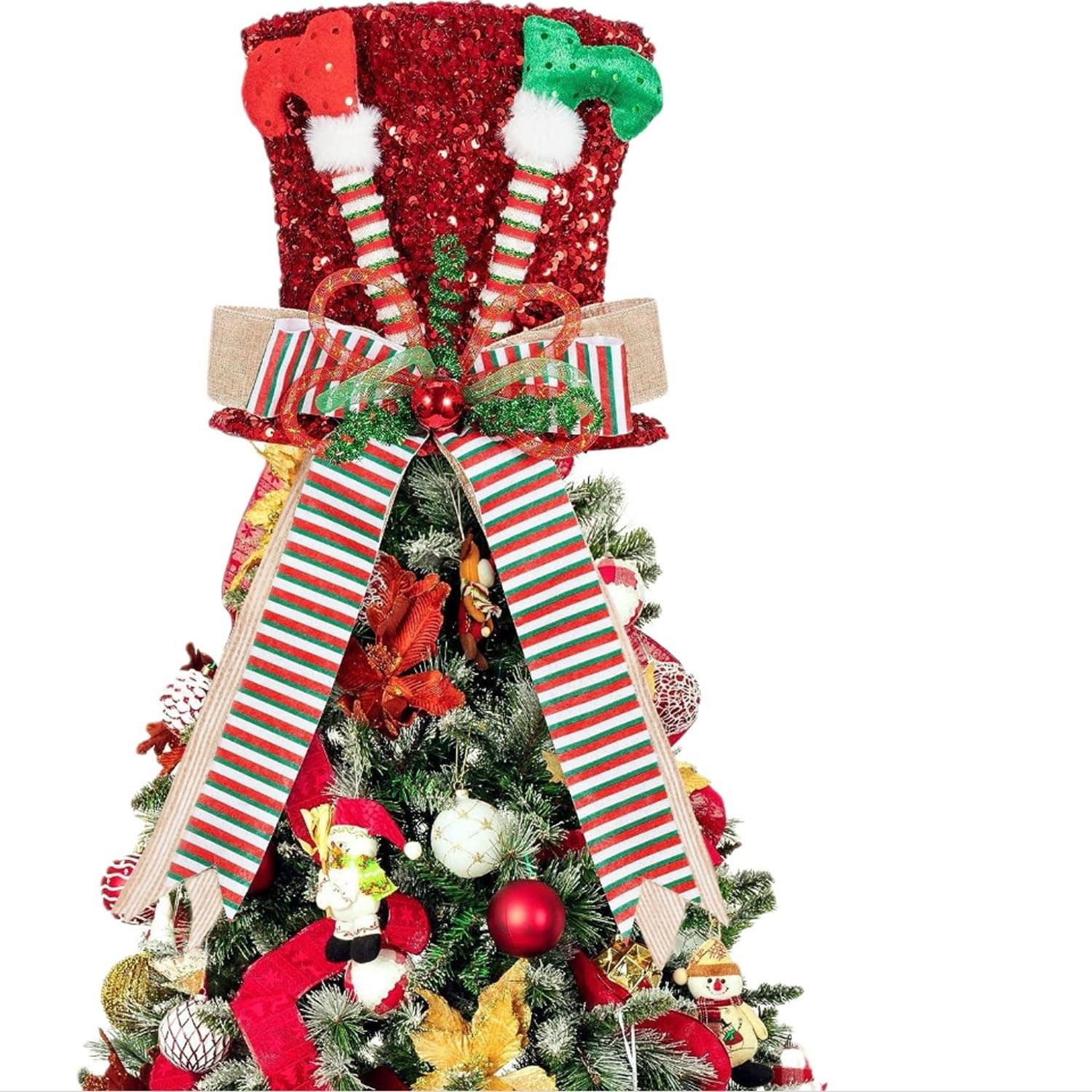 Xchenda Christmas Tree Topper Large Red Tree Topper Hat with Candy Peppermint Bows Ribbon Ornament Top Hat for Home Holiday Tree Decoration Xmas Gift