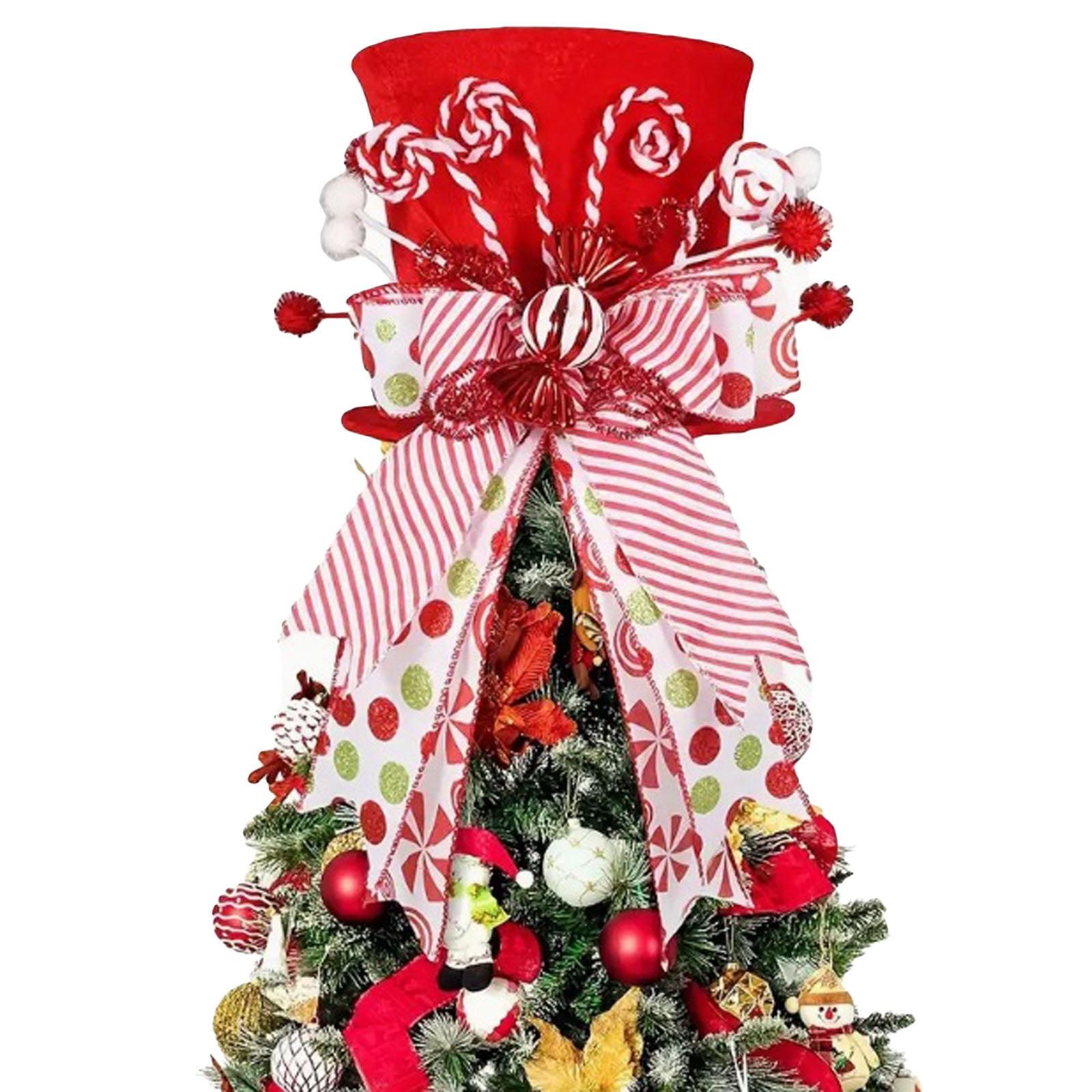 Xchenda Christmas Tree Topper Large Red Tree Topper Hat with Candy Peppermint Bows Ribbon Ornament Top Hat for Home Holiday Tree Decoration Xmas Gift