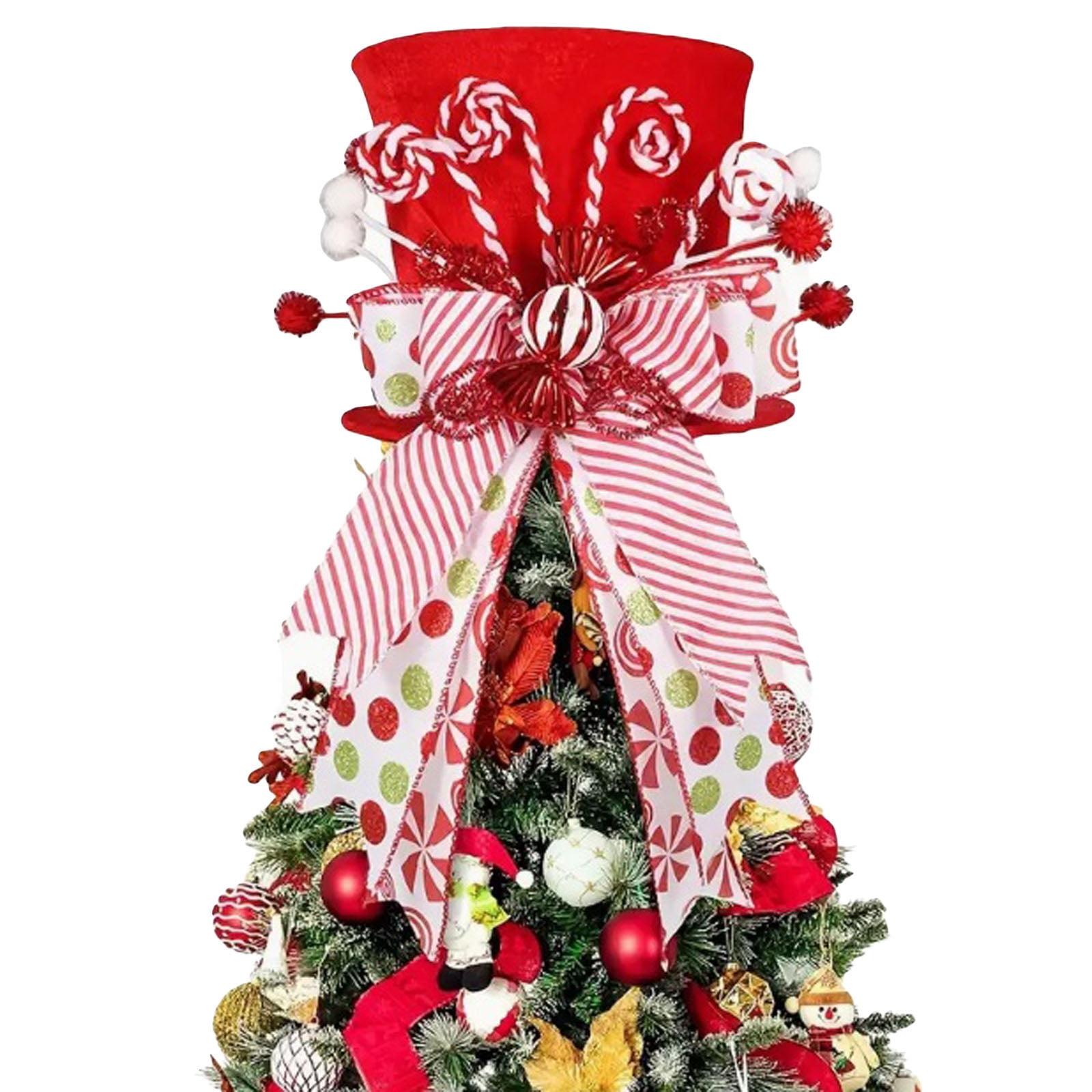 Christmas Gifts Clearance! Modern Christmas Ornaments Candy Cane Christmas Tree Topper Large Red Tree Topper Hat with Candy Peppermint Bows Ribbon Ornament Top Hat Christmas Tree Topper for Home
