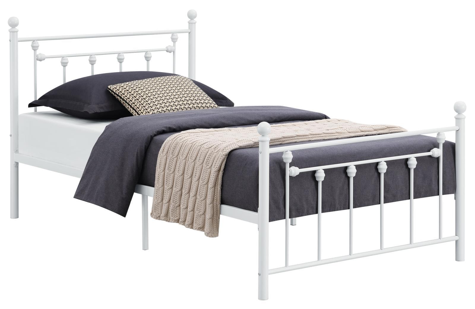 White Full Metal Bed with Slatted Headboard and Drawer