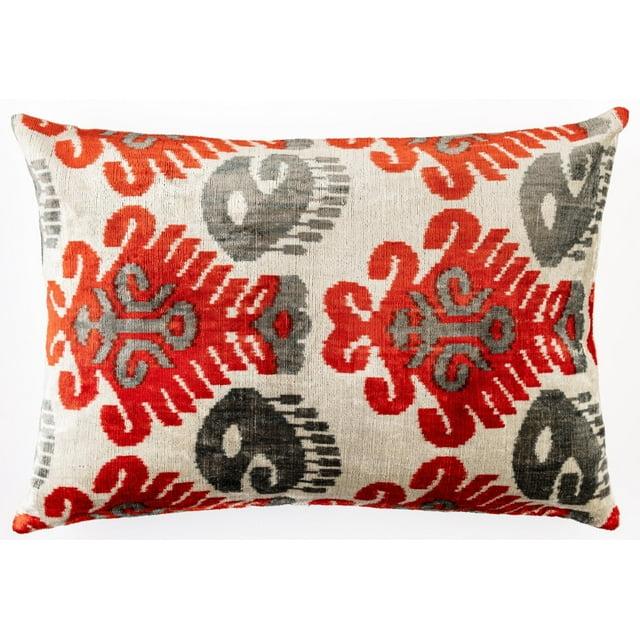 Canvello Handmade Velvet Silk Pillow – 16x24 Inches, Naturally Vegetable-Dyed, Premium Down Feather Insert – Red & Gray Geometric Design