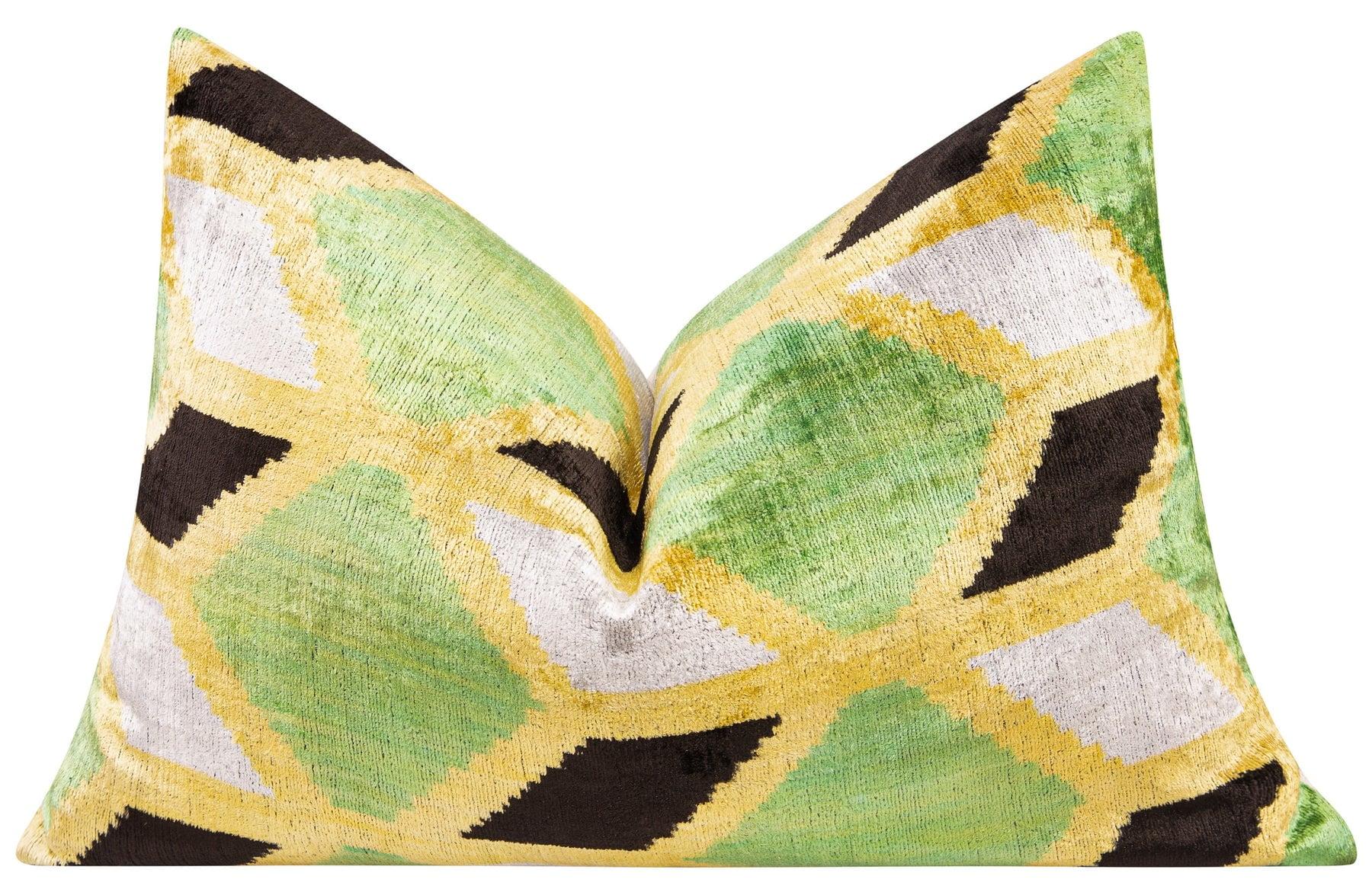 Canvello Handmade Velvet Throw Pillow - 16"x24" Geometric Design, Down Feather Insert Cushion, Green and Yellow Accent Pillow