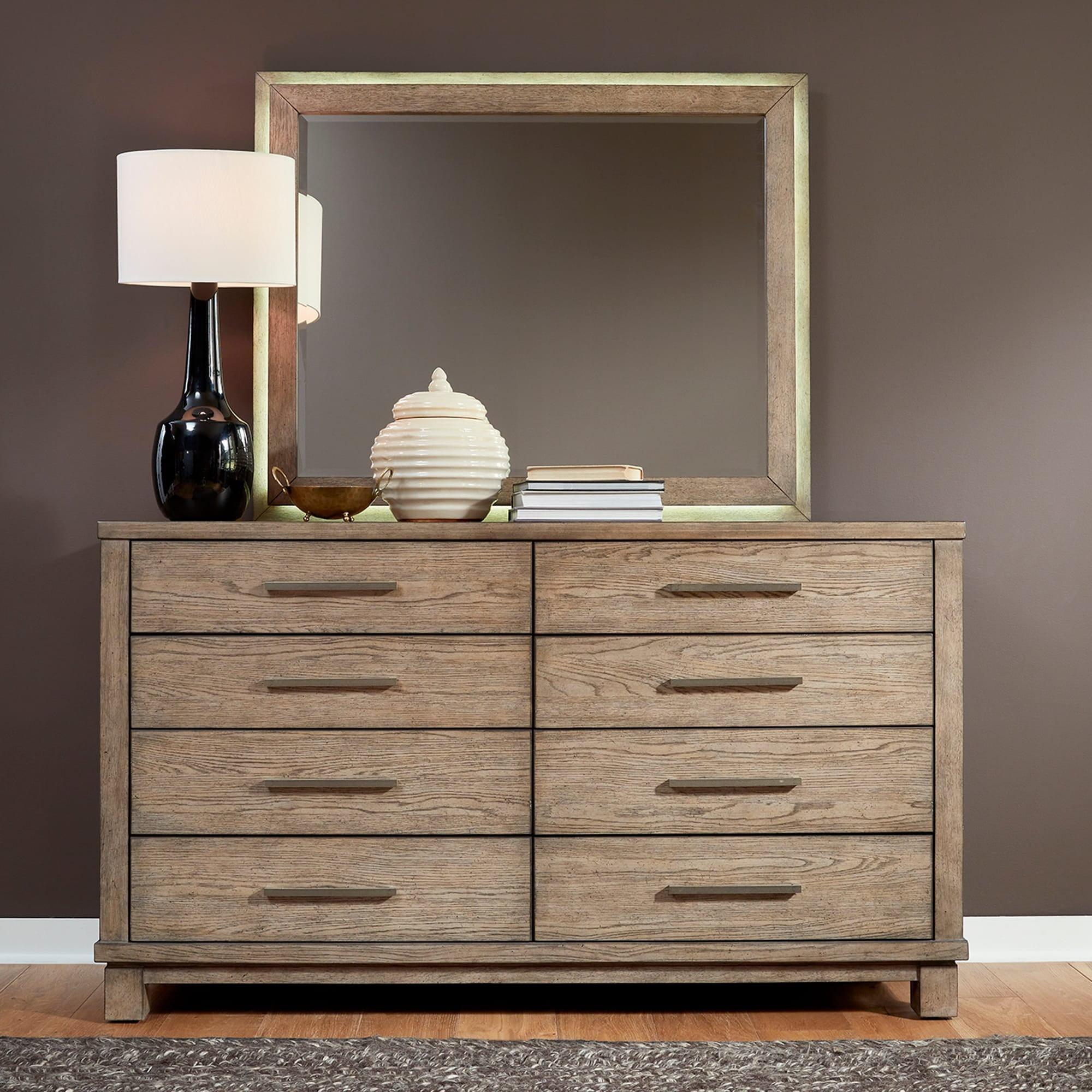 Double White Oak Dresser with Mirror and Felt Lined Drawers