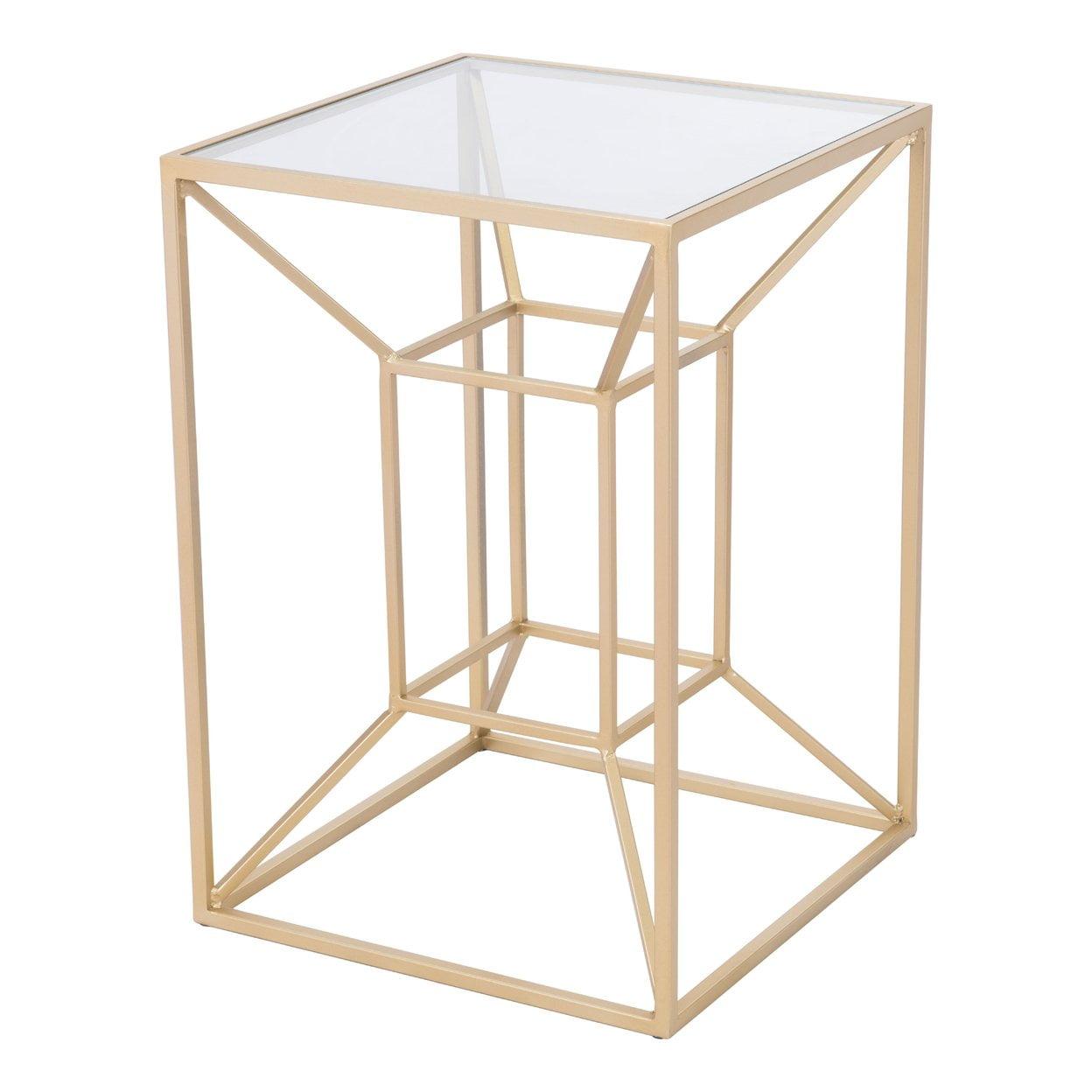 Gold and Glass Boxy Metal Accent Table