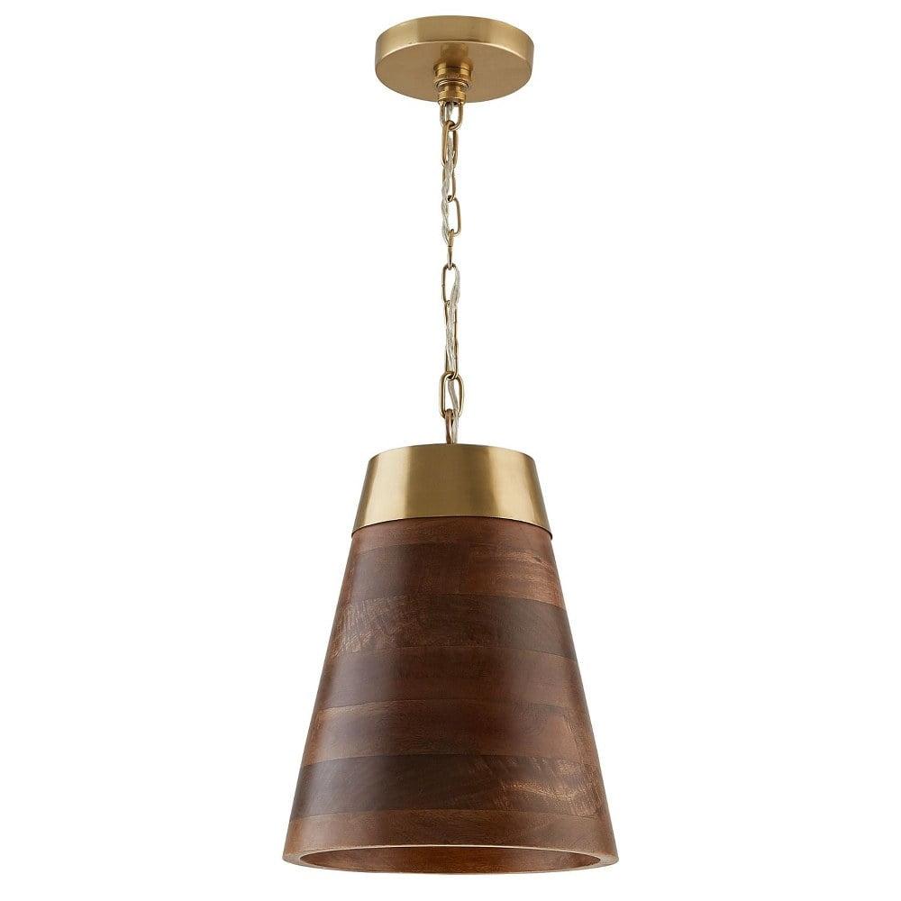 Elegant Tapered Medium Wood & Brass 1-Light Pendant