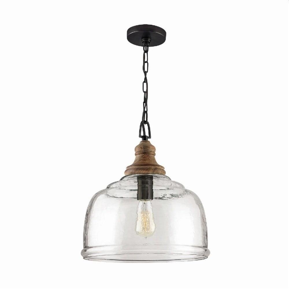 Rippled Glass Dome Pendant in Grey Wash and Iron Silk with Aged Brass Accents