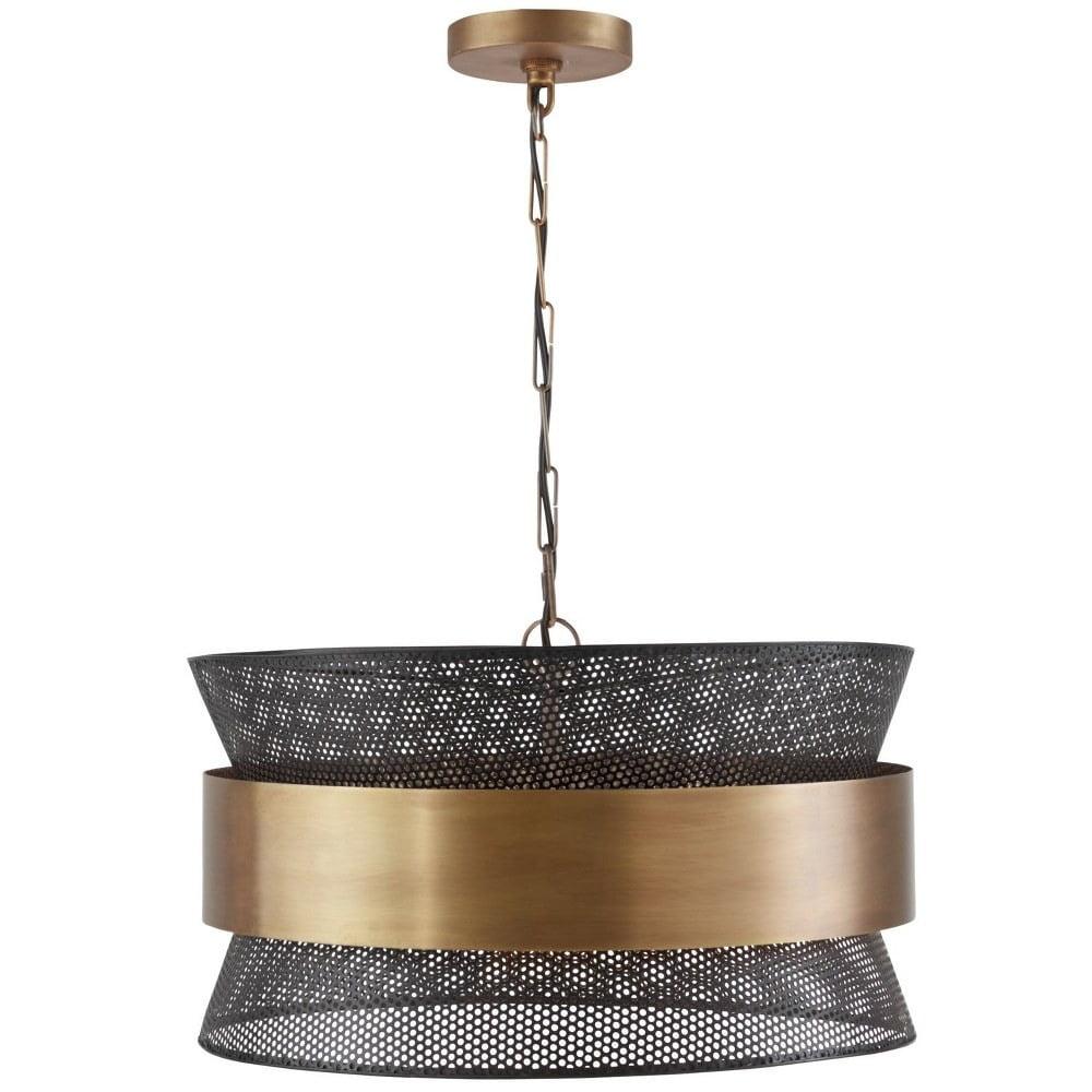 Patinaed Brass and Black 4-Light Drum Pendant with Handcrafted Shade