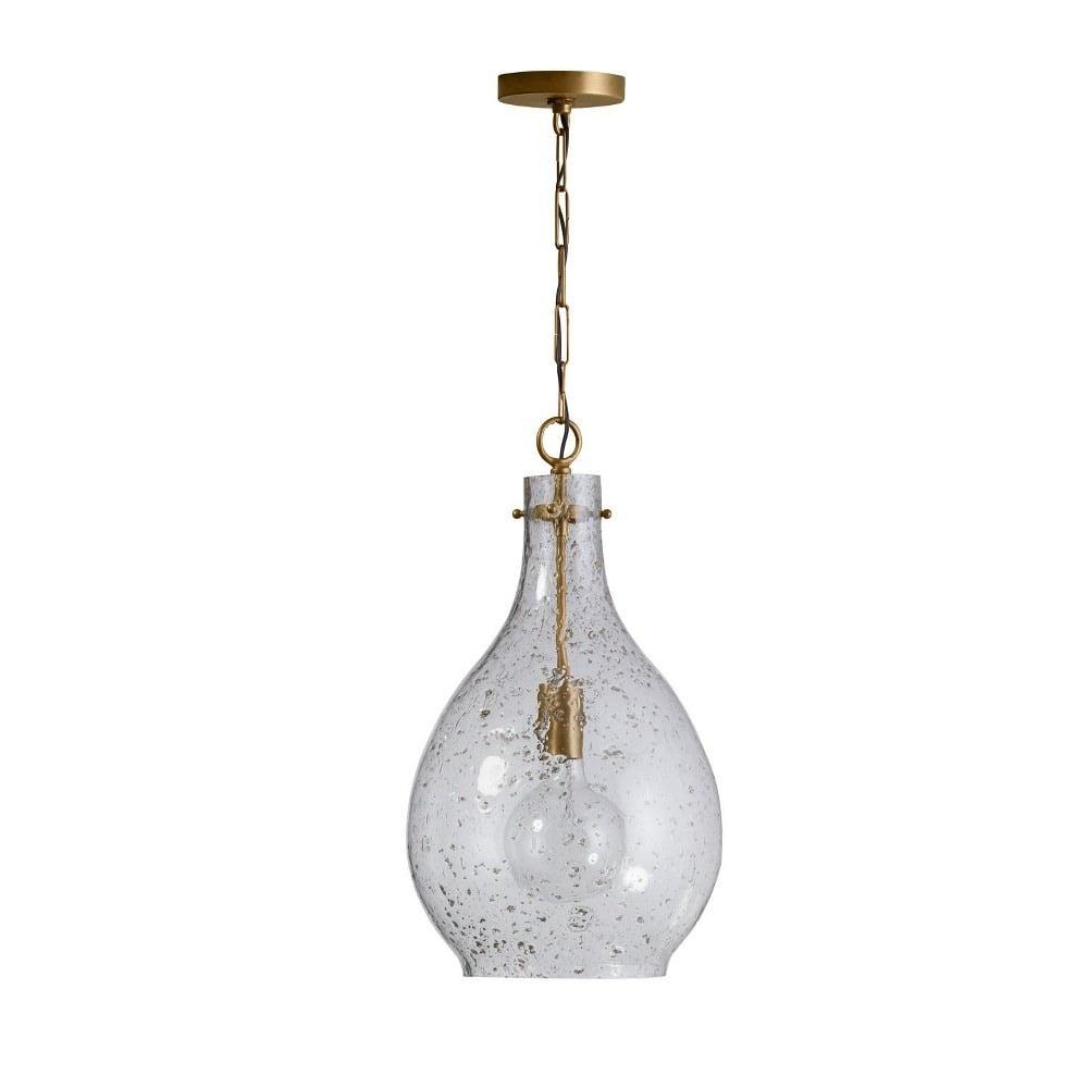 Rabun Patinaed Brass Teardrop Pendant with Clear Stone Seeded Glass