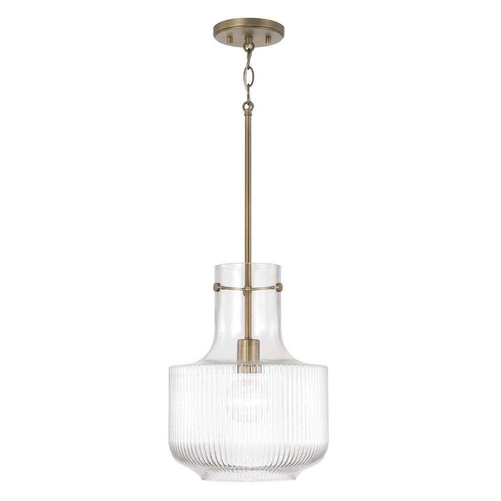 Aged Brass and Clear Fluted Glass Pendant Light