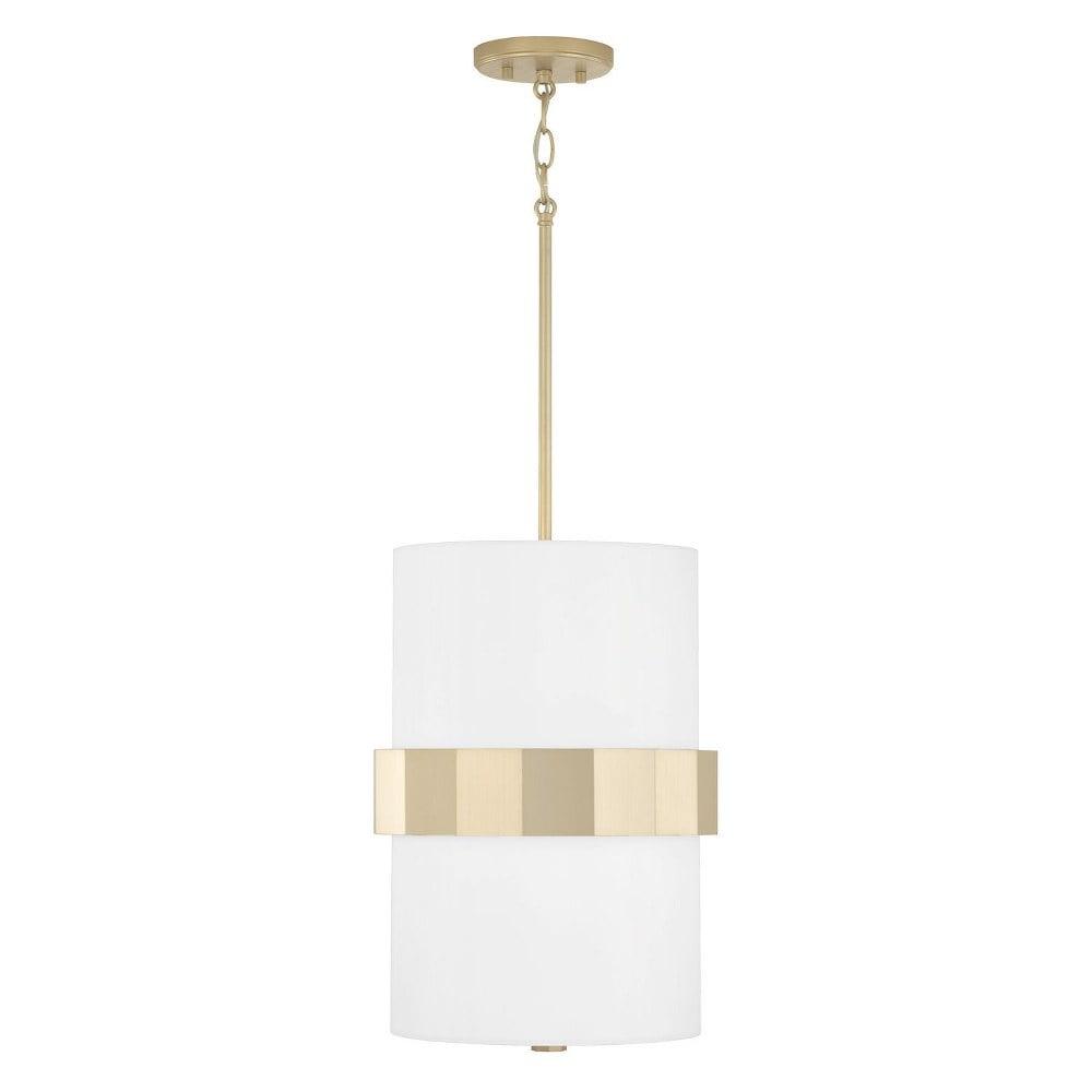 Elegant Transitional Soft Gold Pendant with White Fabric Shade