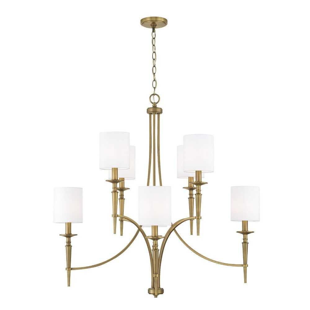 Elegant Aged Brass 8-Light Chandelier with White Fabric Shades
