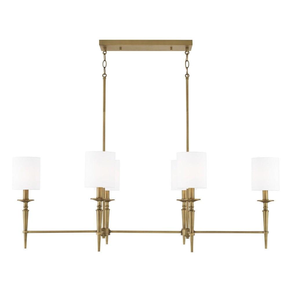 Abbie Aged Brass 6-Light Island with White Fabric Shades