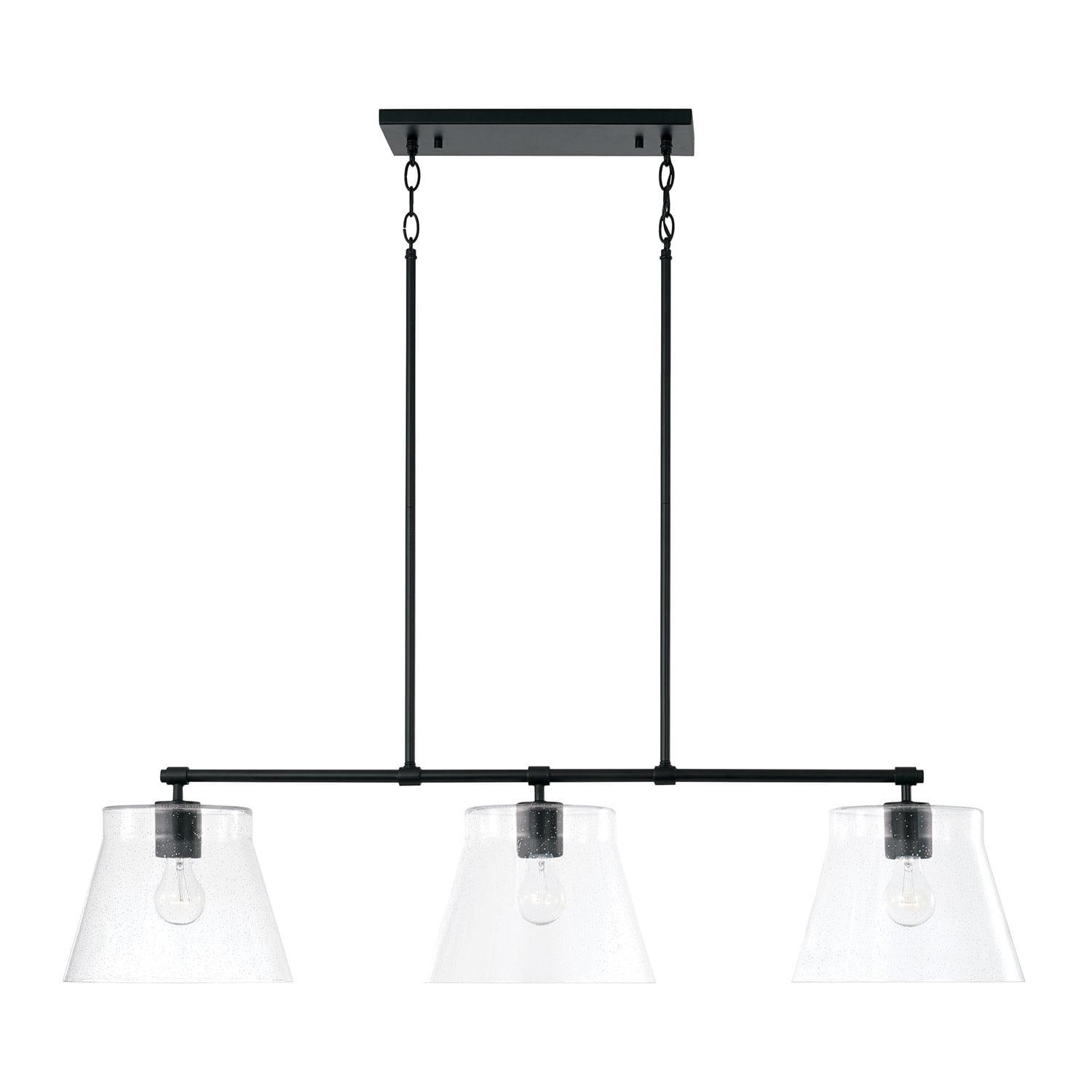 Matte Black 3-Light Linear Chandelier with Seeded Glass Shades