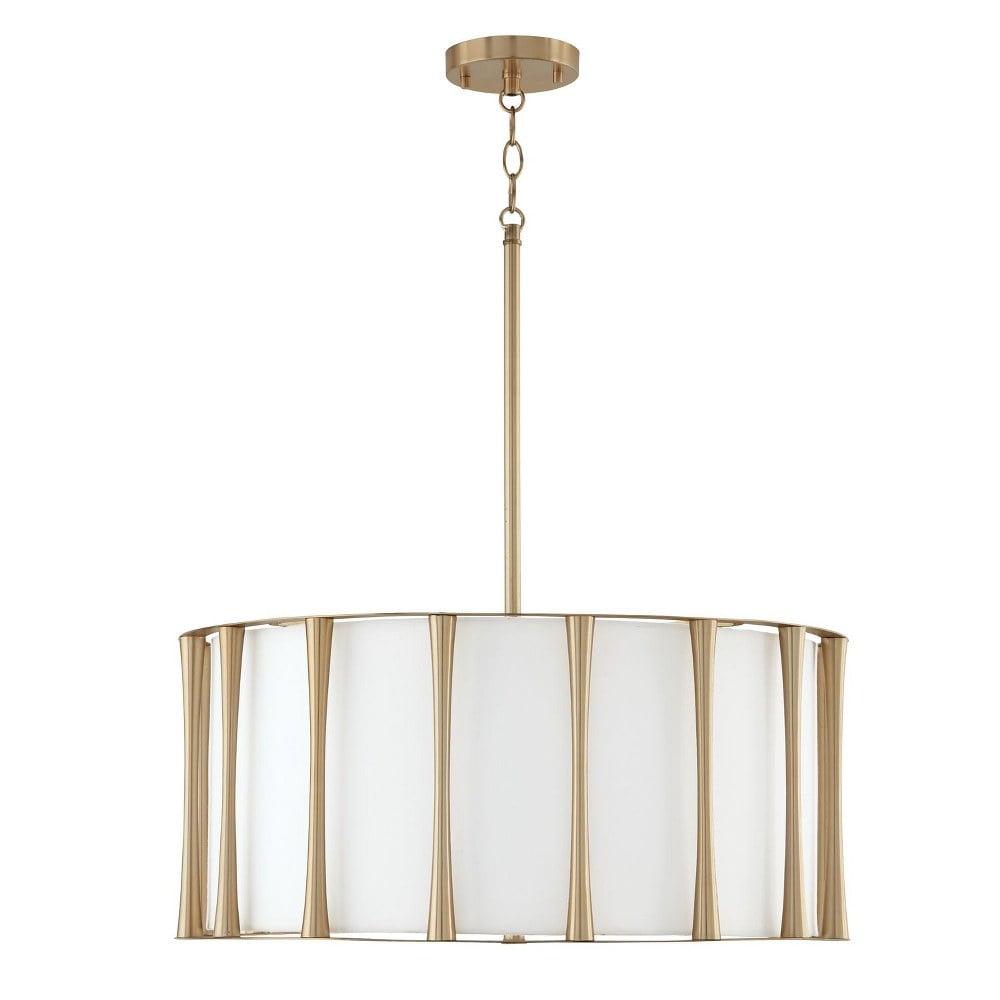 Matte Brass Elegance 4-Light Drum Pendant with White Fabric Shade