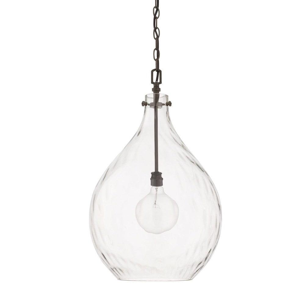 Farmhouse Clear Water Glass Teardrop Pendant with Black Accents