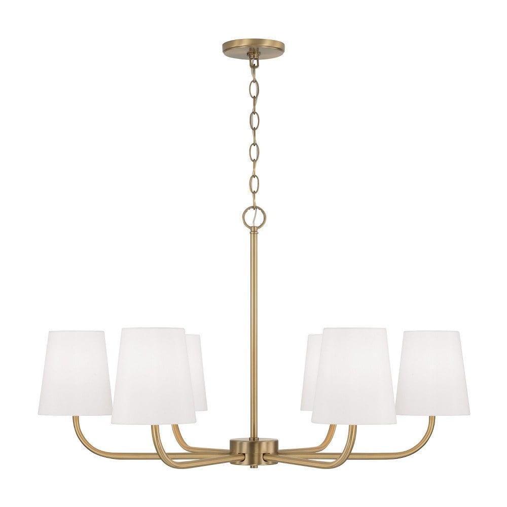 Aged Brass 6-Light Chandelier with White Fabric Shades