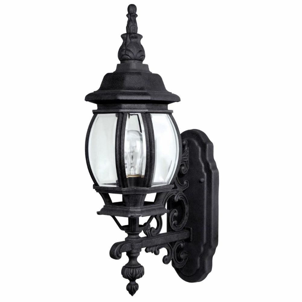 French Country Black Metal Outdoor Wall Lantern with Clear Glass