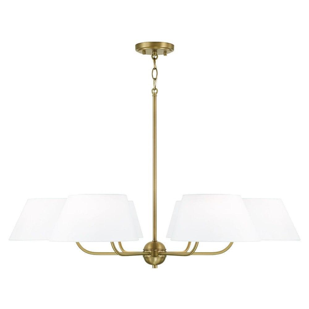 Aged Brass 6-Light Chandelier with White Fabric Drum Shades