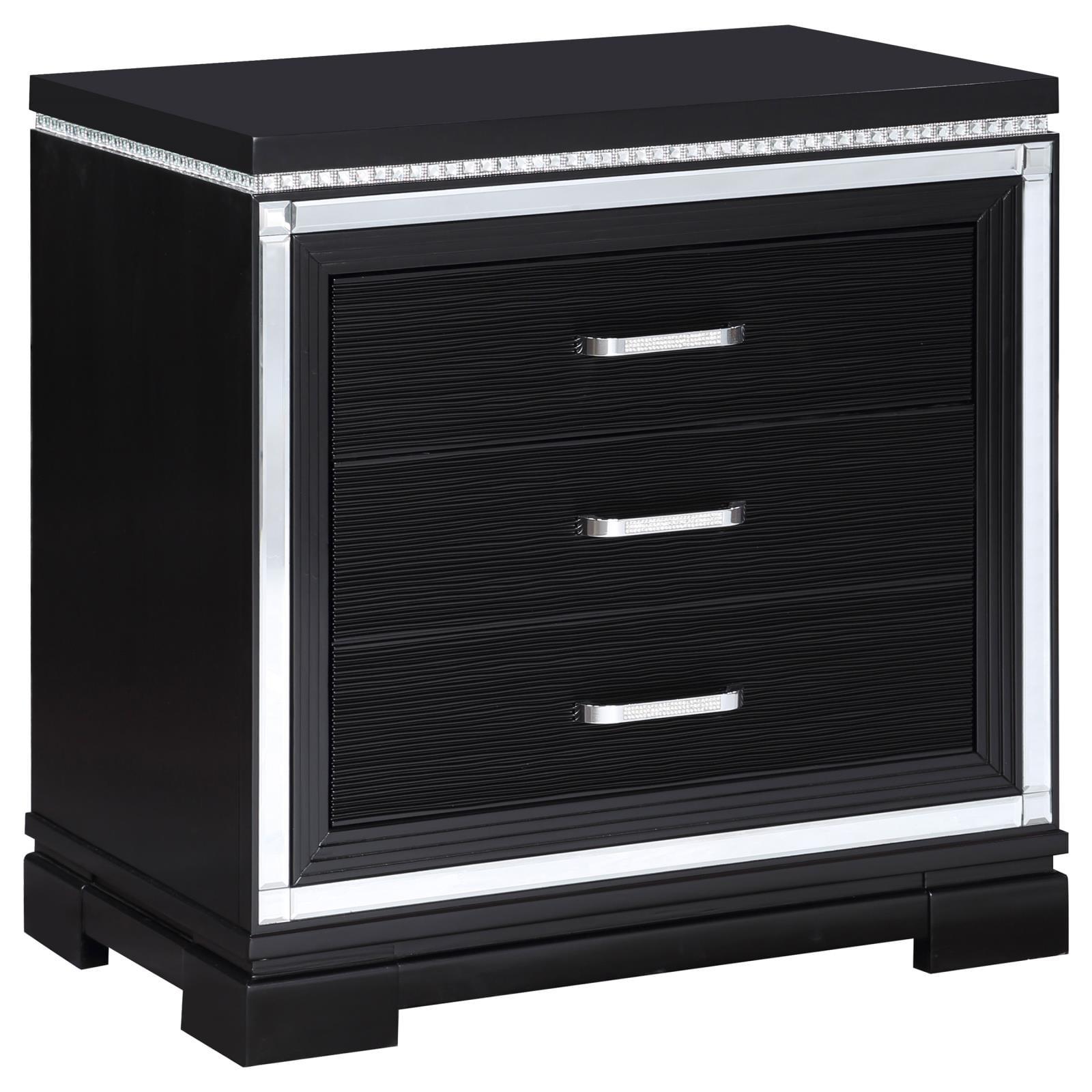 Black Transitional 3-Drawer Nightstand with Mirror Trim