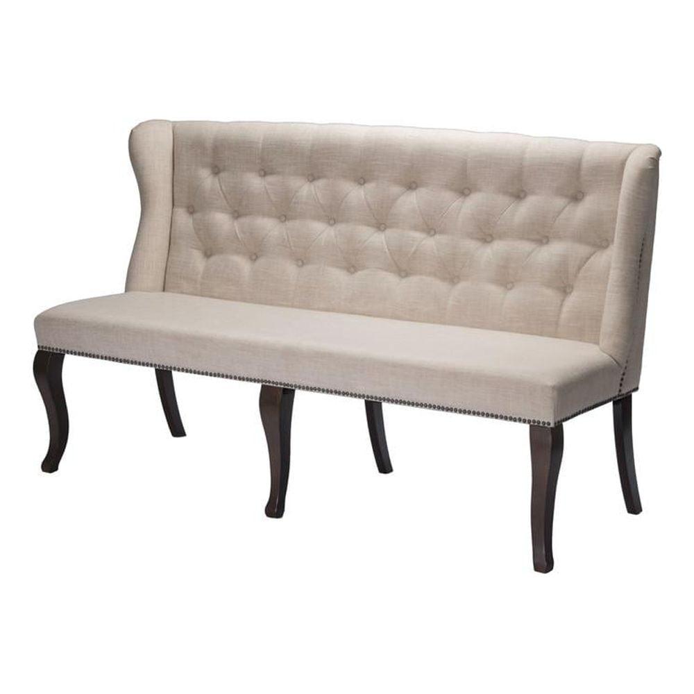 Beige Linen Upholstered Dining Bench with Cappuccino Wood Legs