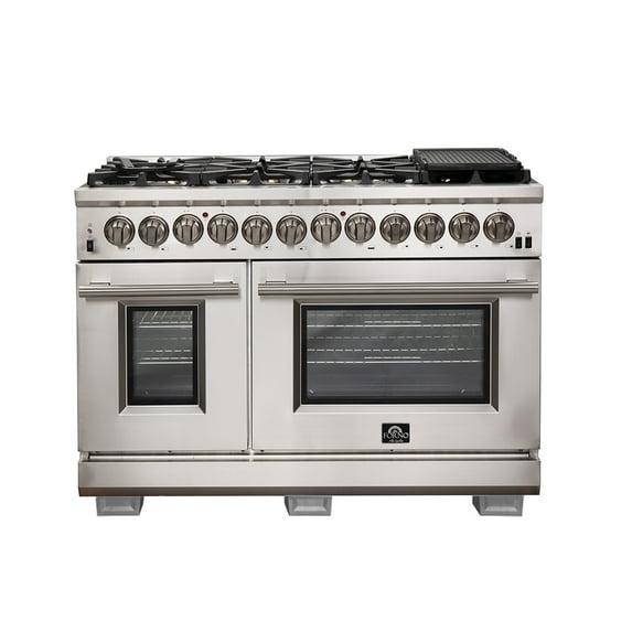 Forno Capriasca 48-inch Dual Fuel Range All Stainless Steel, 8 Brass Burners, 6.58 cu.ft. Double Ovens FFSGS6187-48