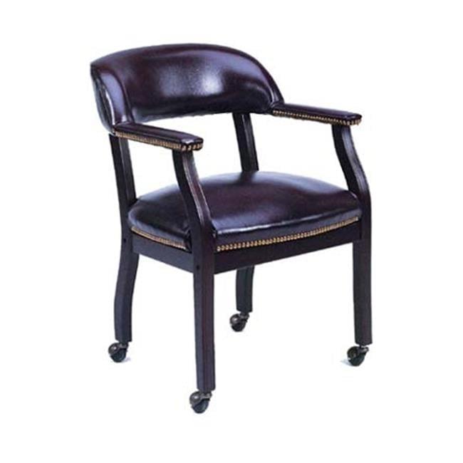 Captain's Chair with Casters Black - Boss Office Products: Mahogany Base, Vinyl Upholstery, Brass Castors
