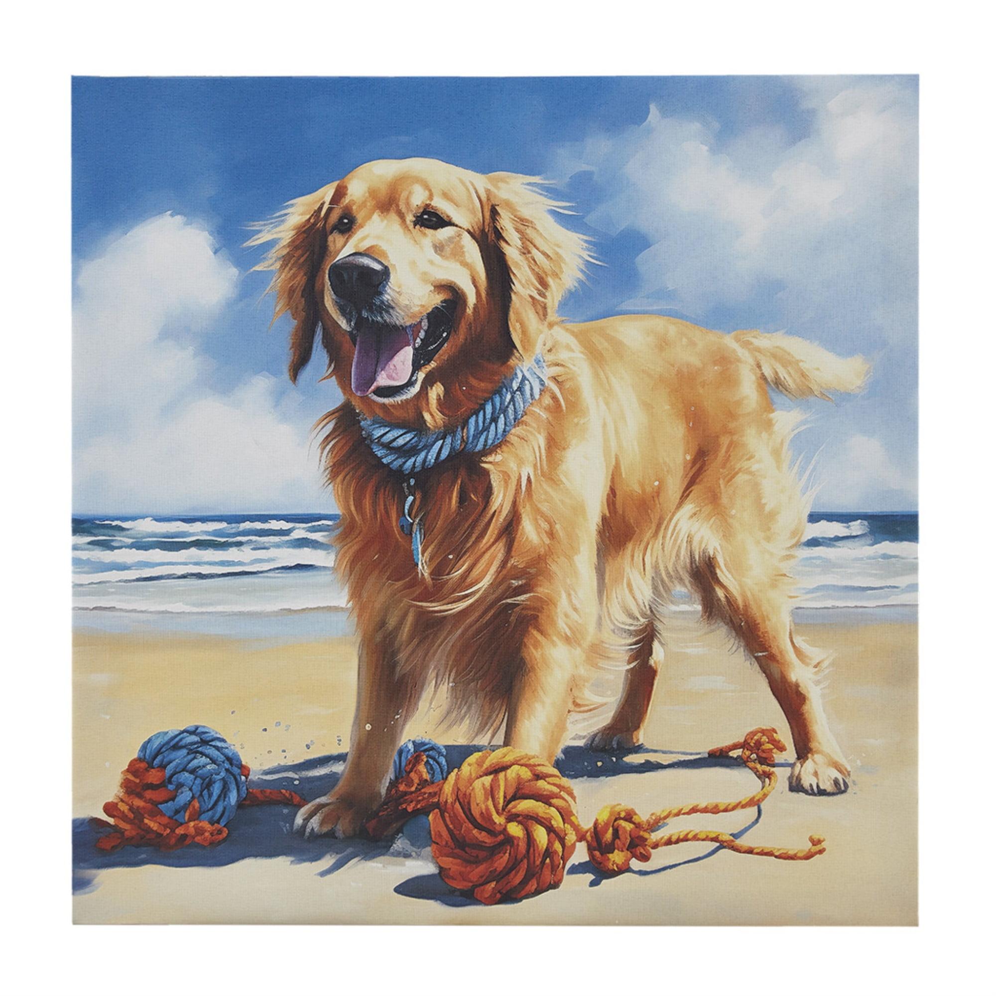 Madison Park 16"x16" Beach Playful Lively Dogs Print Canvas Wall Decor Art Golden Retriever Blue: Farmhouse Style