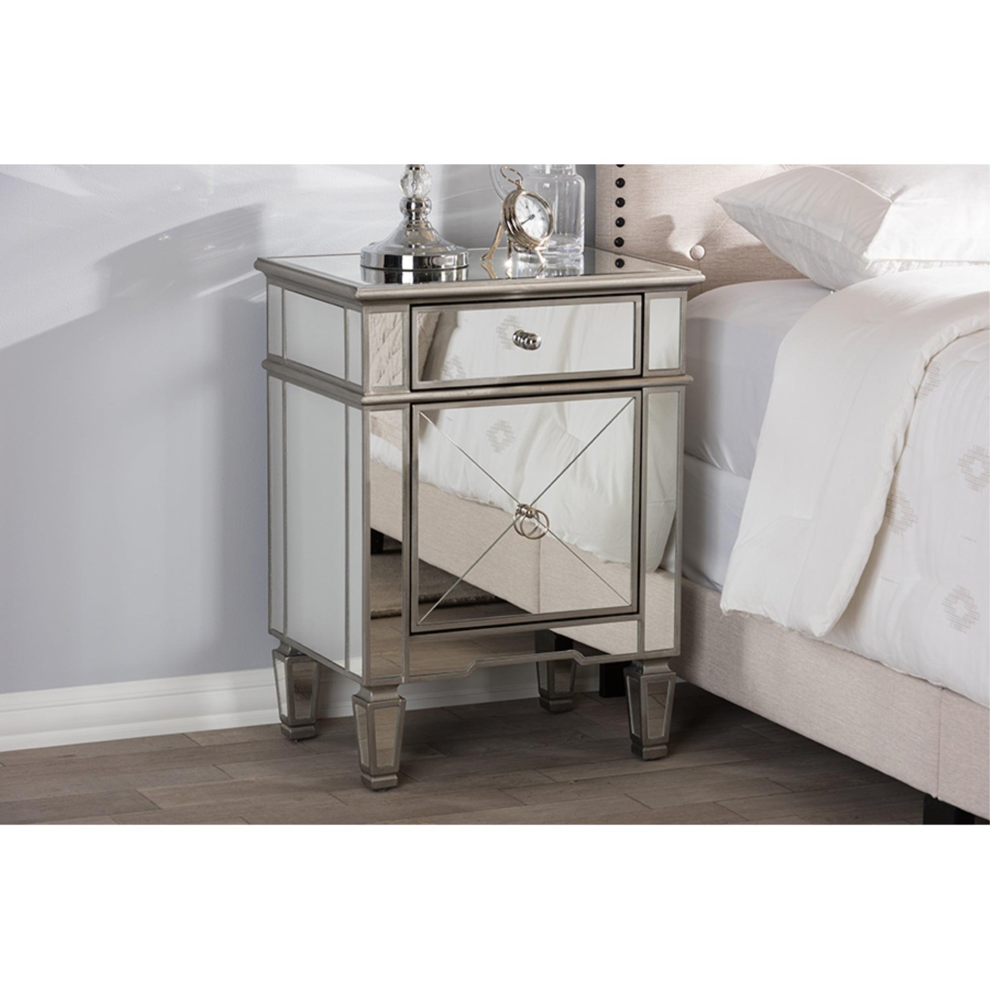 Claudia Hollywood Regency Glamour Style Mirrored Nightstand - Baxton Studio: Silver Lacquered, MDF Composite, No Assembly Required