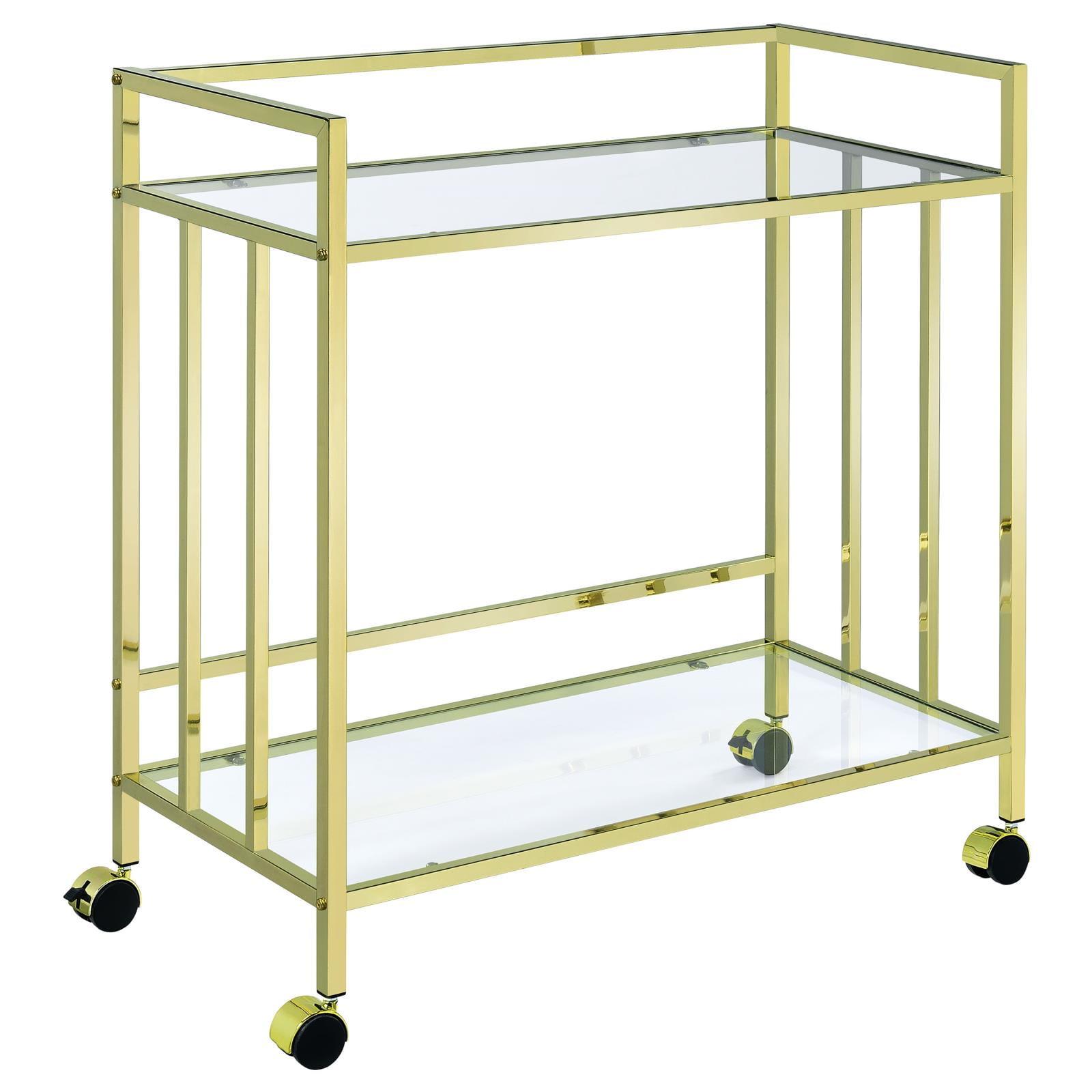 Cara Contemporary Gold Rectangular Bar Cart with Glass Shelves