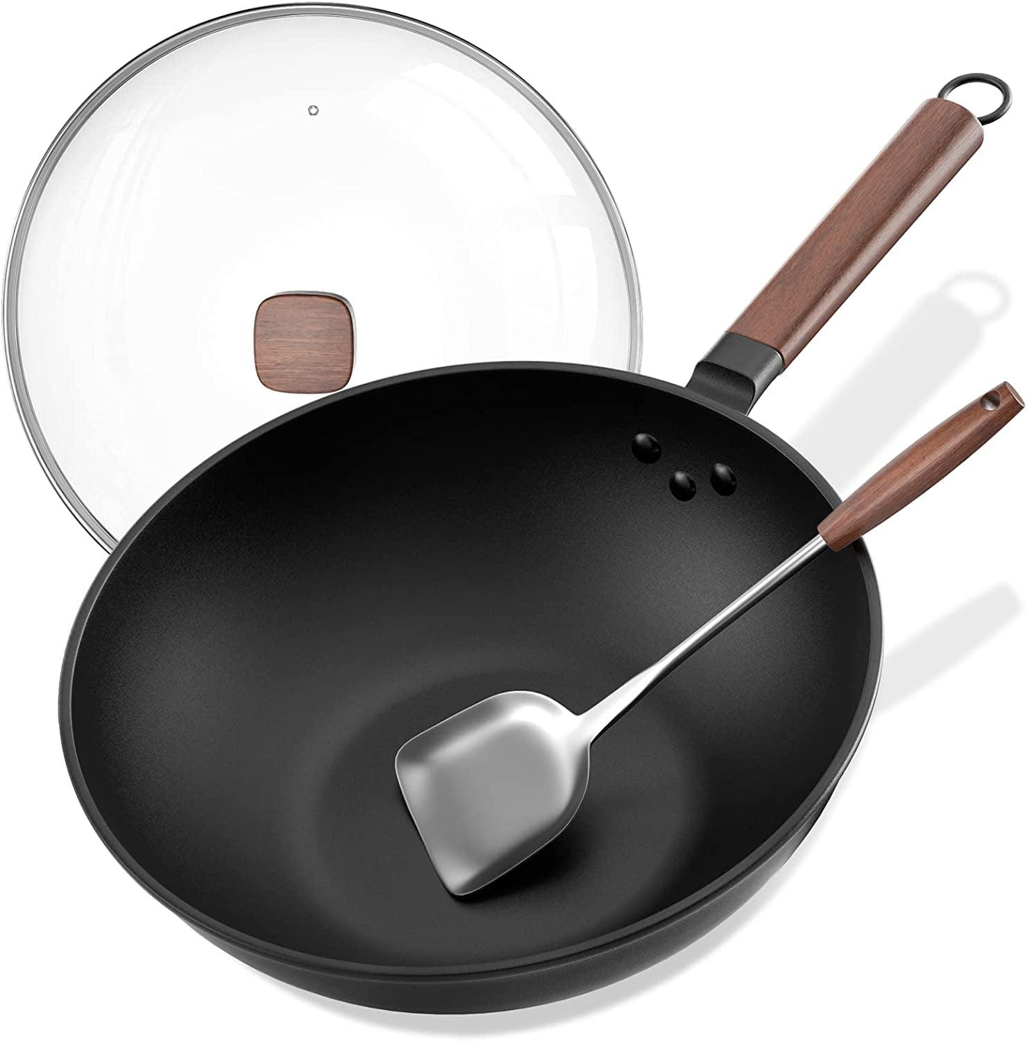 Carbon Steel Wok, 13 Inch Wok Pan with Lid and Spatula, Nonstick Woks and Stir-fry Pans, No Chemical Coated Flat Bottom Chinese Wok for Induction, Electric, Gas, All Stoves