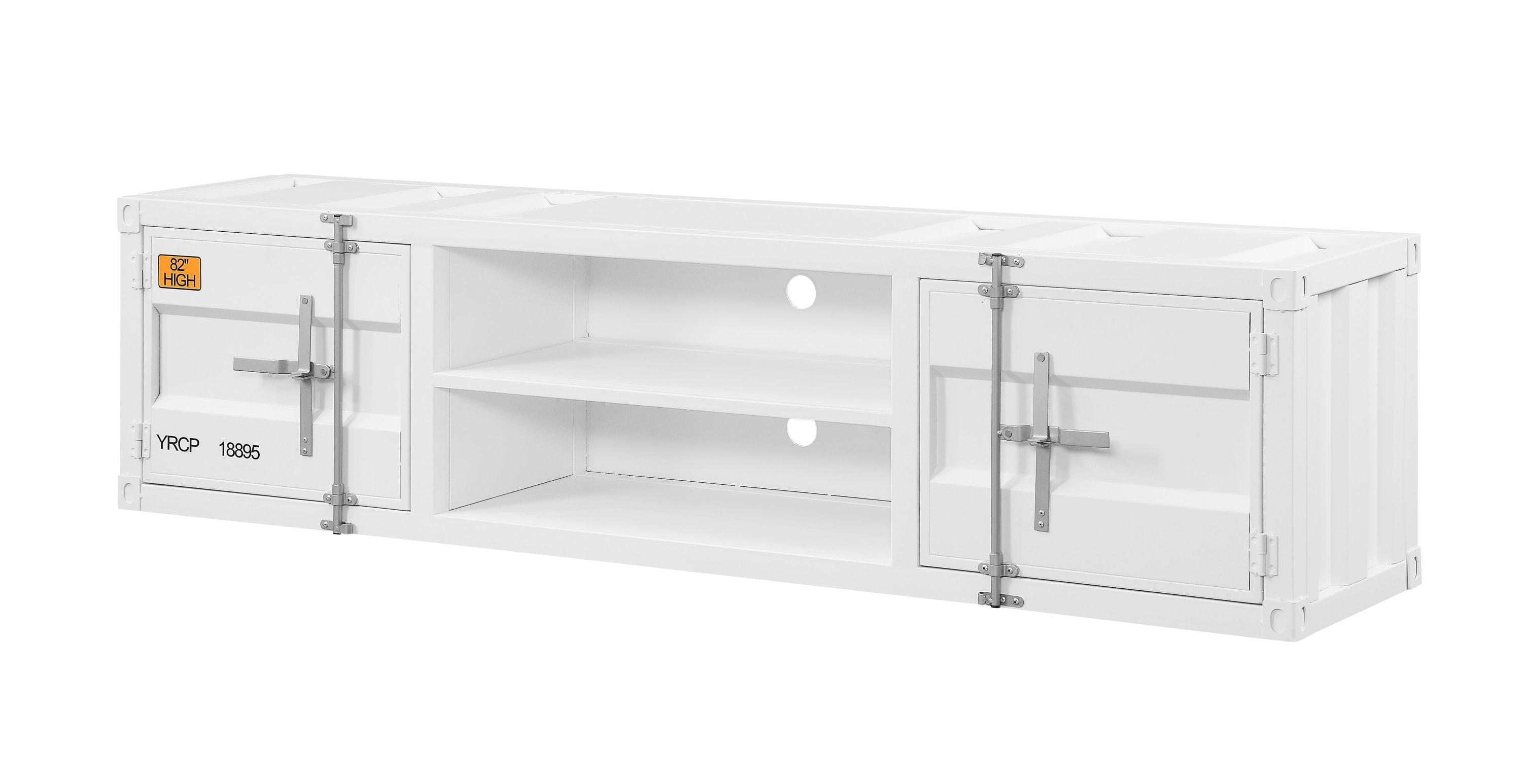 White Industrial Metal TV Stand with Cabinet