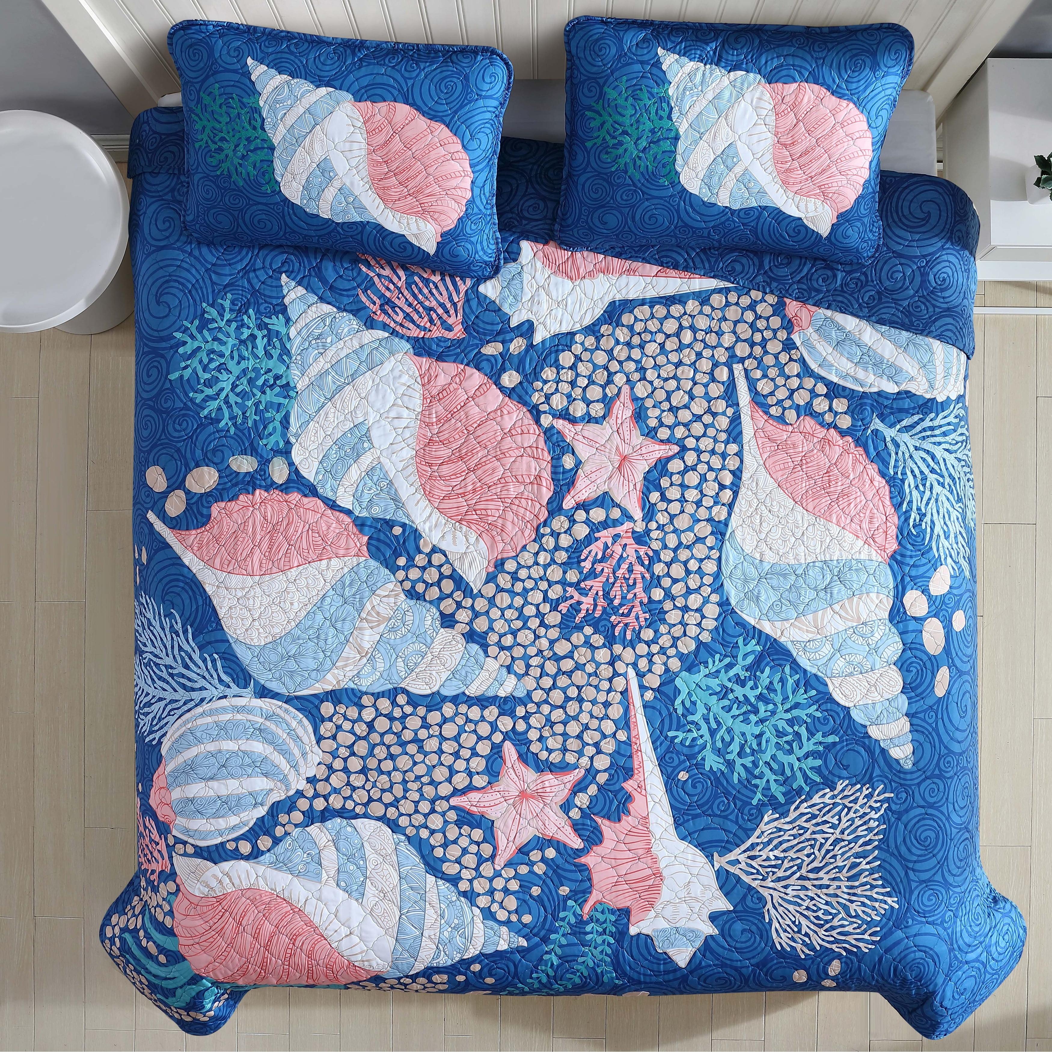 Caribbean Joe  Coastal 3PC Quilt Set Patterned Shell Navy - Full - Queen
