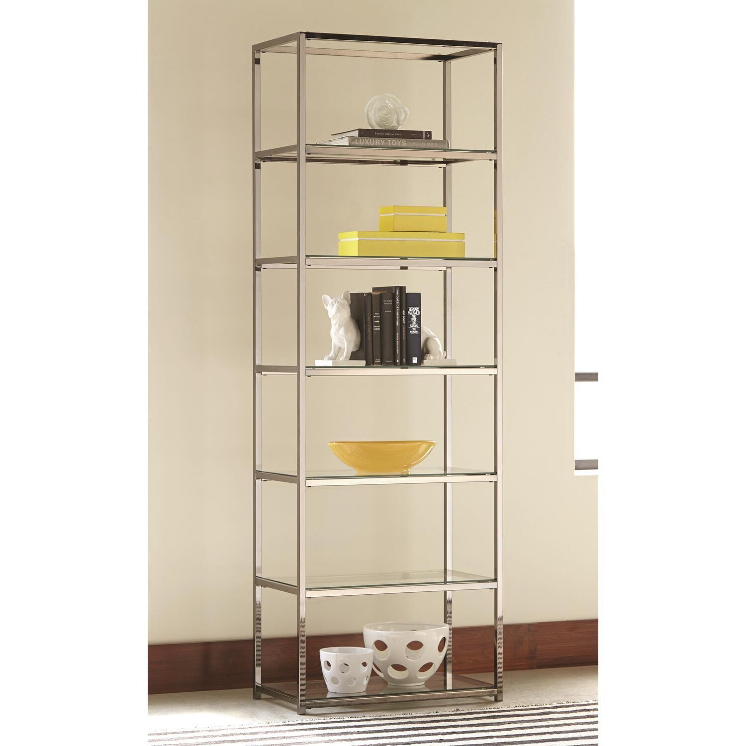 Elegant Black Nickel 6-Tier Bookcase with Tempered Glass Shelves