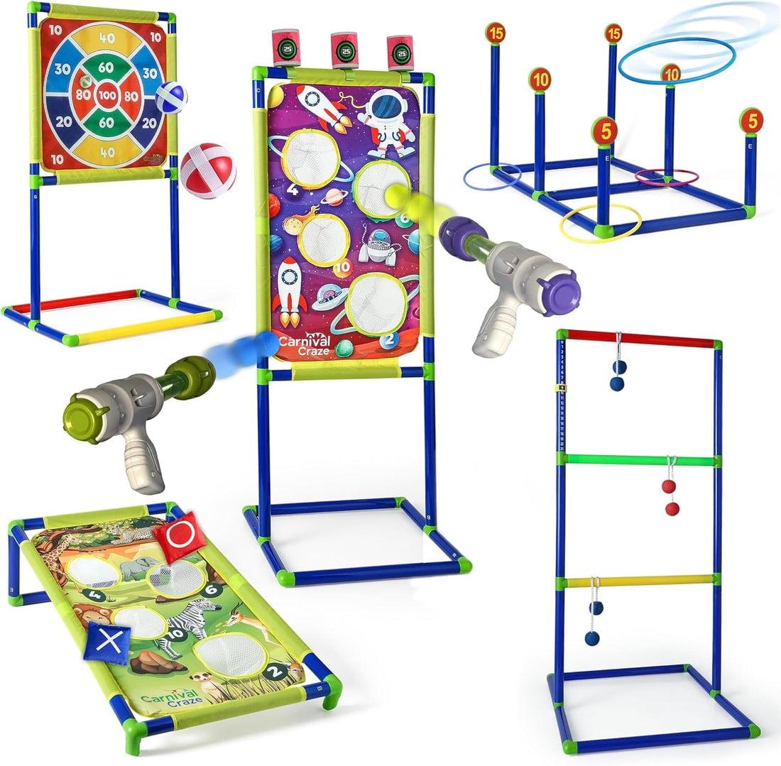 Carnival Yard Games for Kids - Ring Toss, Beanbag Cornhole, Ball Shooting Target Game, Ladder Toss, Darts Board, Tic Tac Toe, Birthday Party Activities, Backyard Outdoor Games and Indoor Family Fun